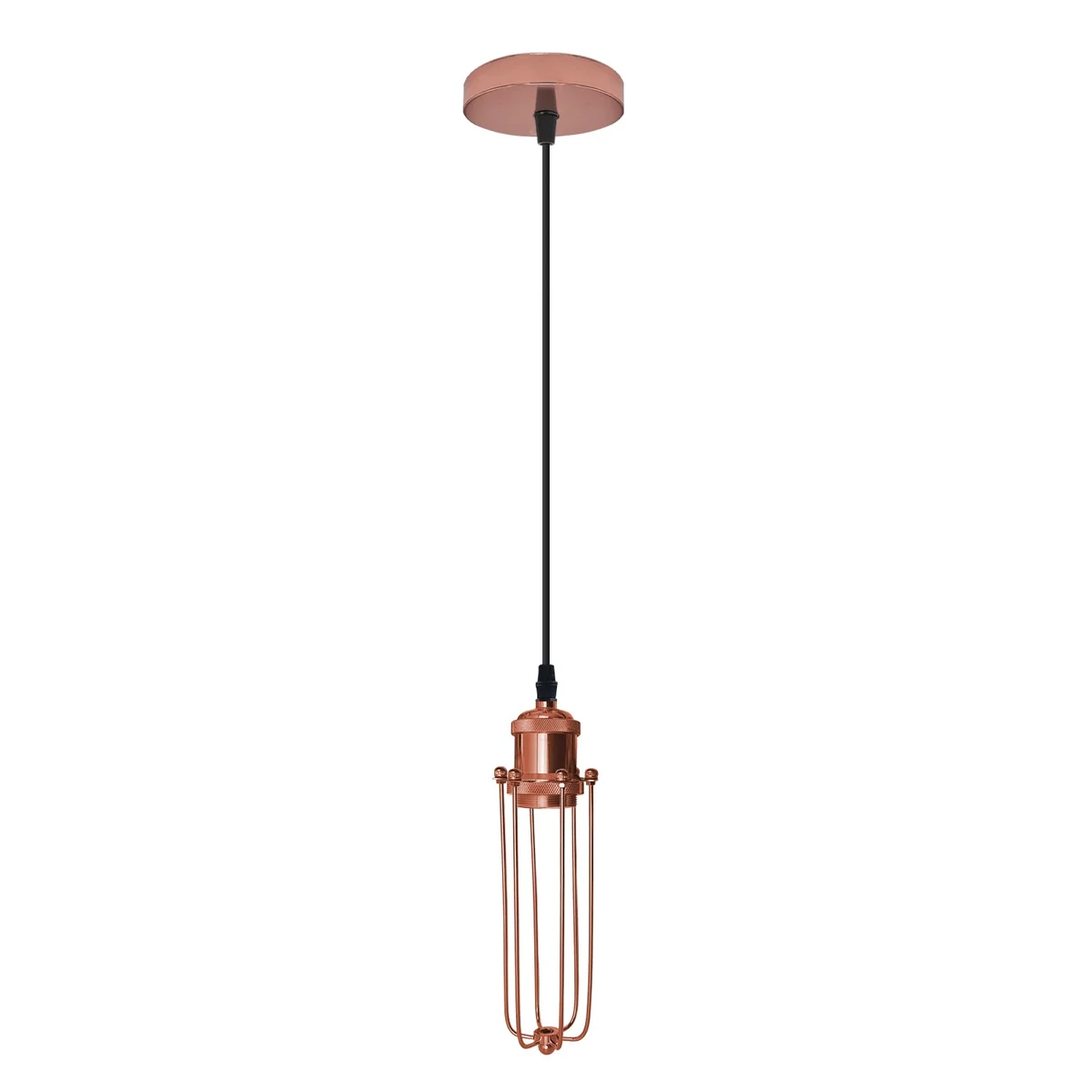 Rose gold metal adjustable cable pendant light with geometric cage shade and 95cm black hanging cord against white background