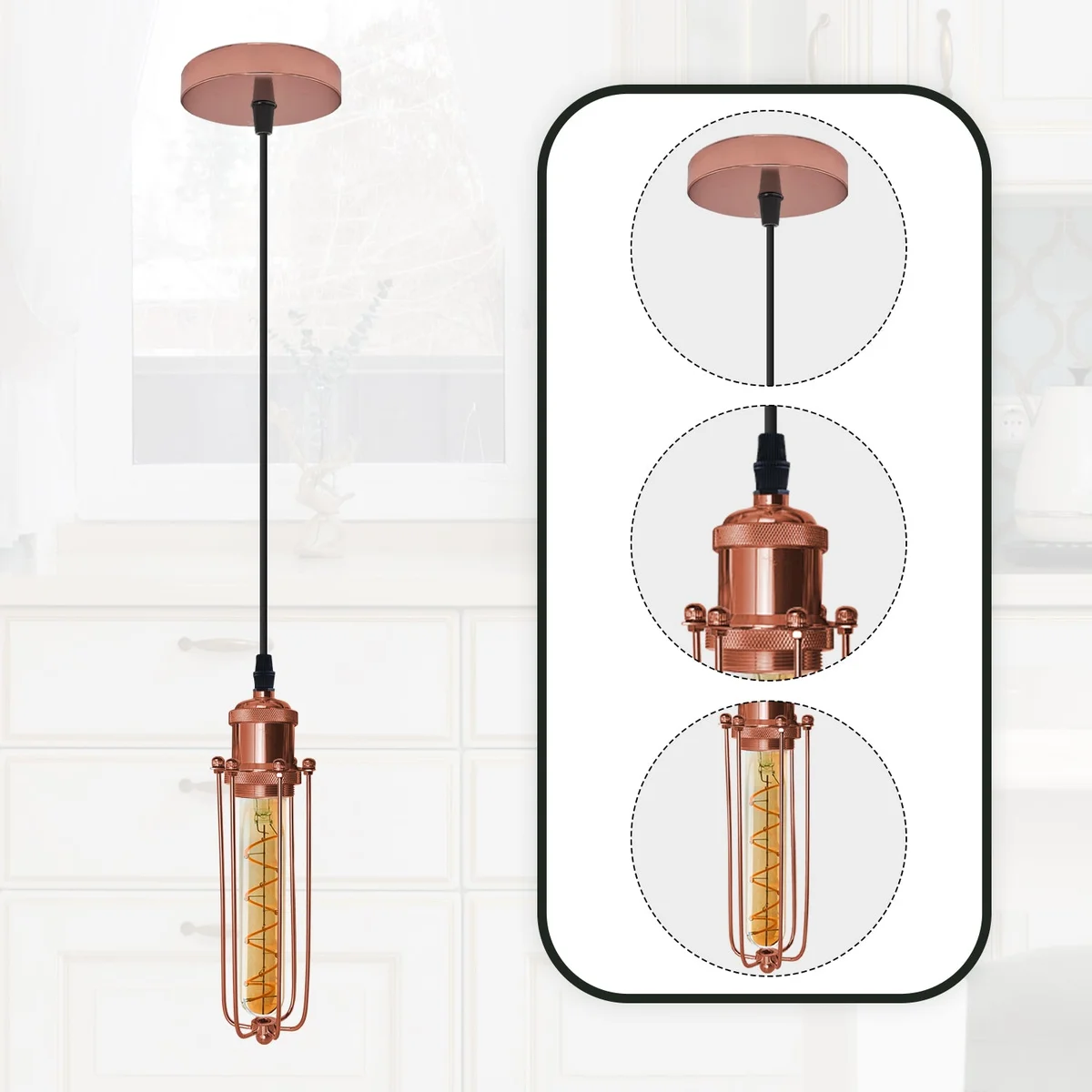 Rose gold pendant light with geometric metal cage and adjustable black cord hanging from ceiling against white background