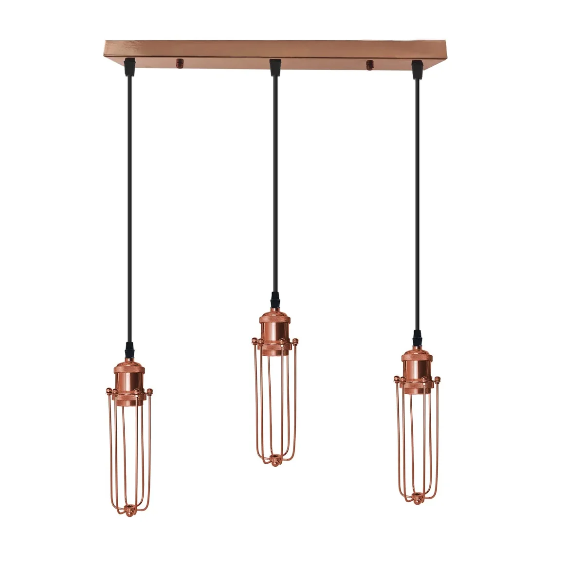 Rose gold pendant light with geometric metal cage, black adjustable 95cm cord, vintage retro style ceiling fixture