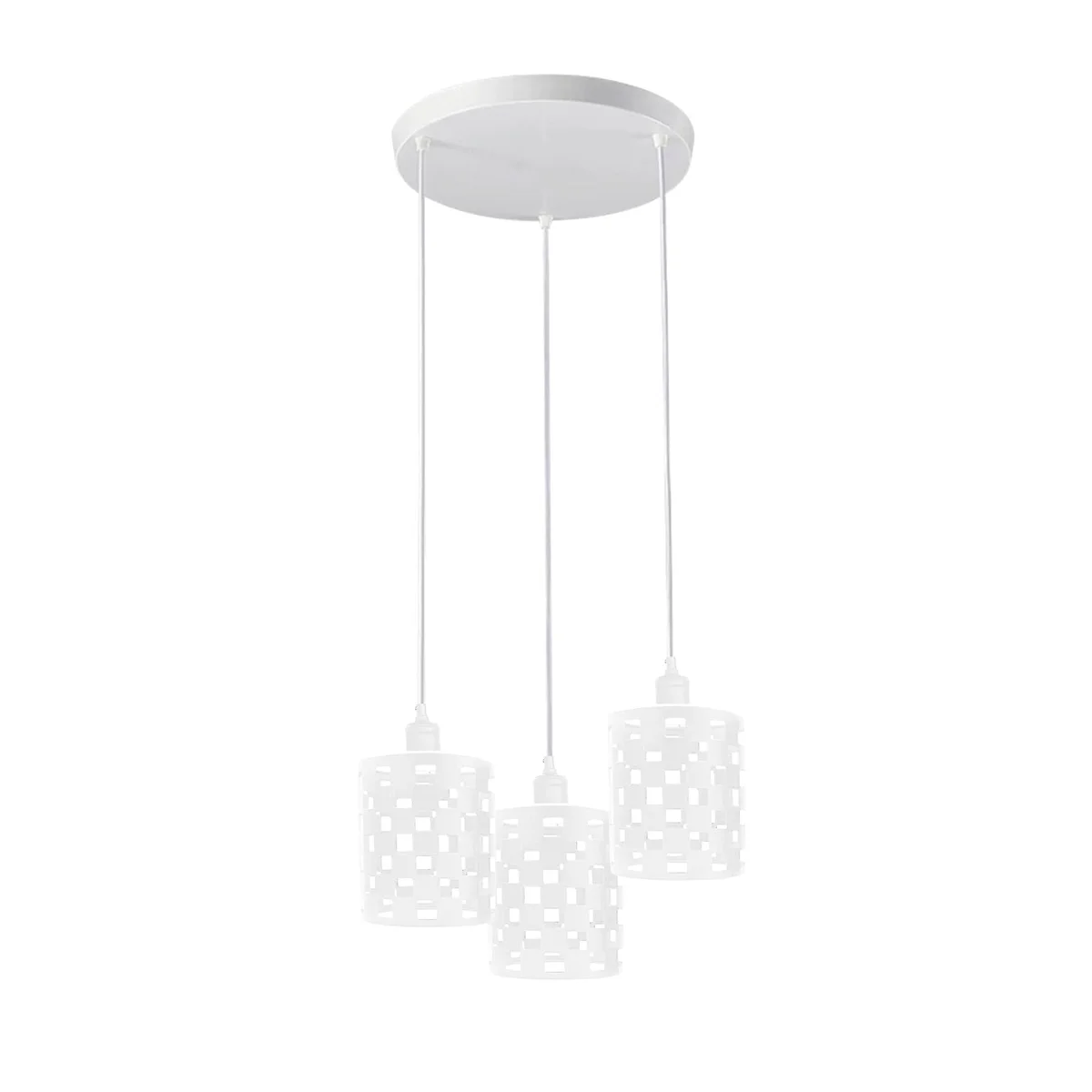Vintage retro 3 head white cage dimmable ceiling light with adjustable metal pendant and E27 bulb holders hanging indoors