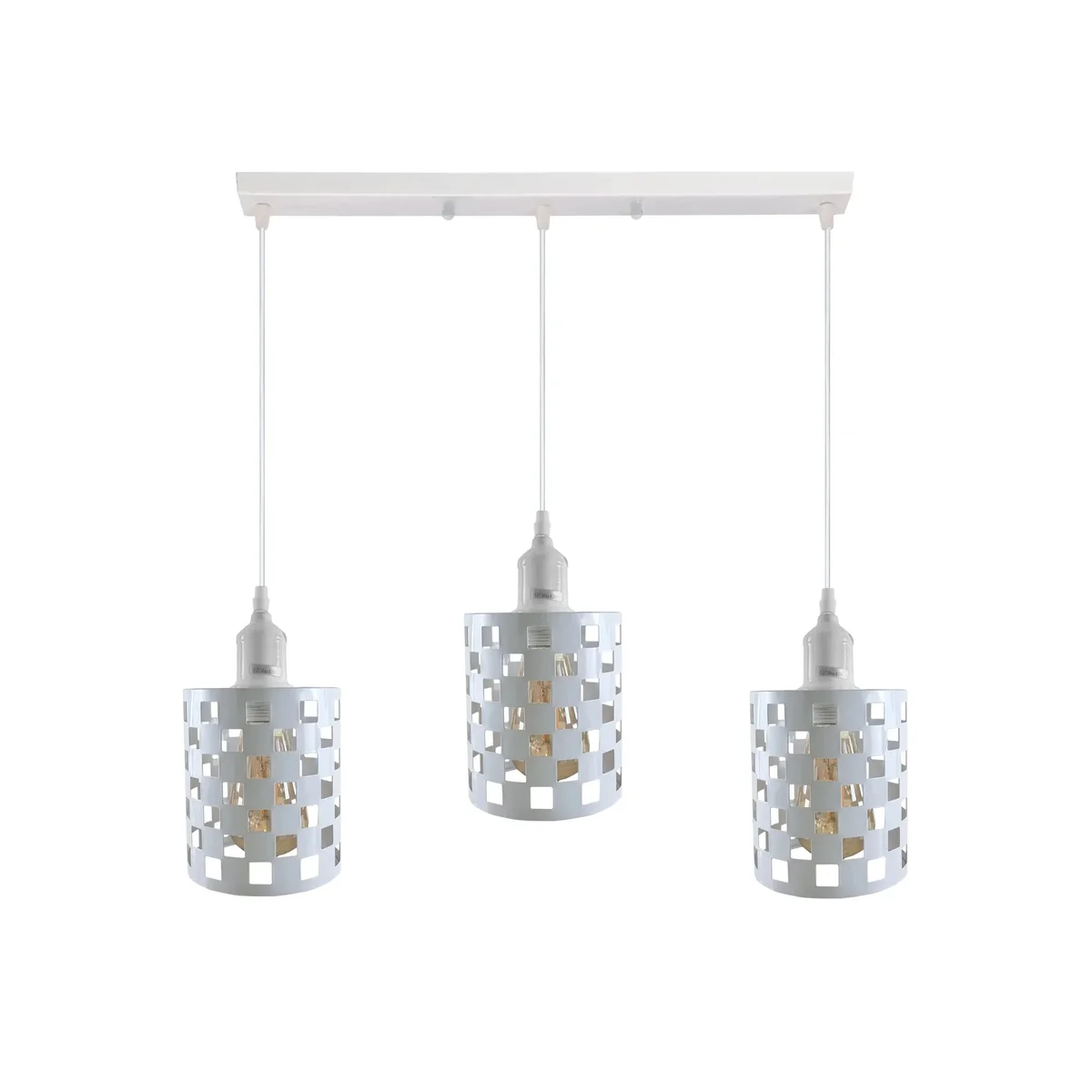 Vintage industrial pendant light with three white metal cage shades hanging from adjustable cables on a ceiling rose