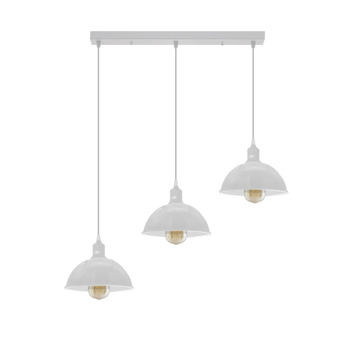 Industrial ceiling light with three metal shades on adjustable cables in vintage loft style, shown installed indoors