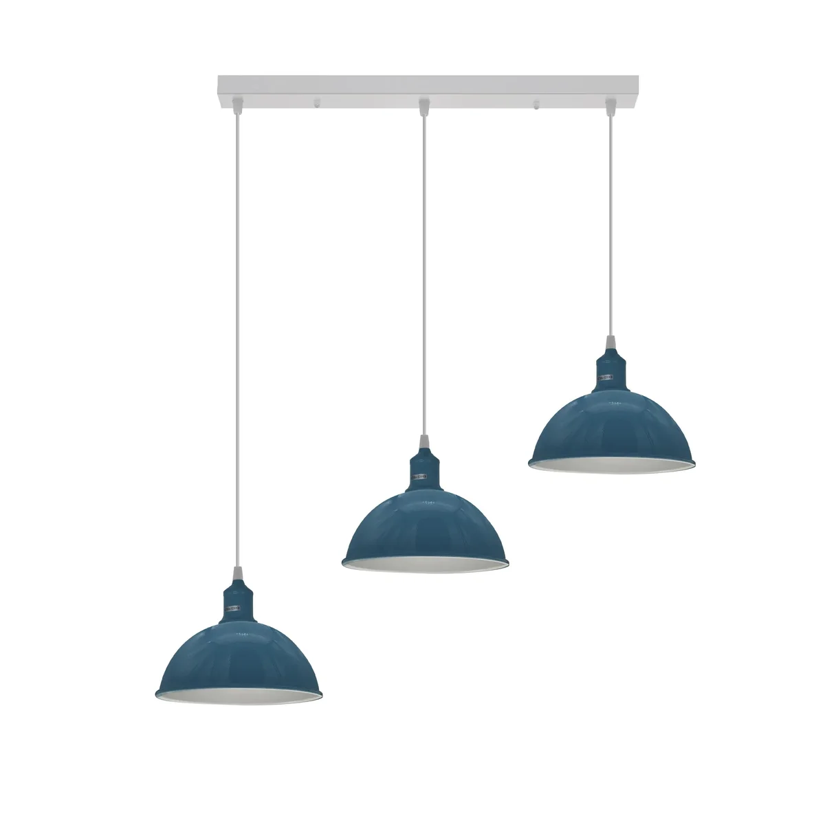 Industrial ceiling light with three metal shades on adjustable cables, vintage loft style, suitable for kitchen or bar lighting