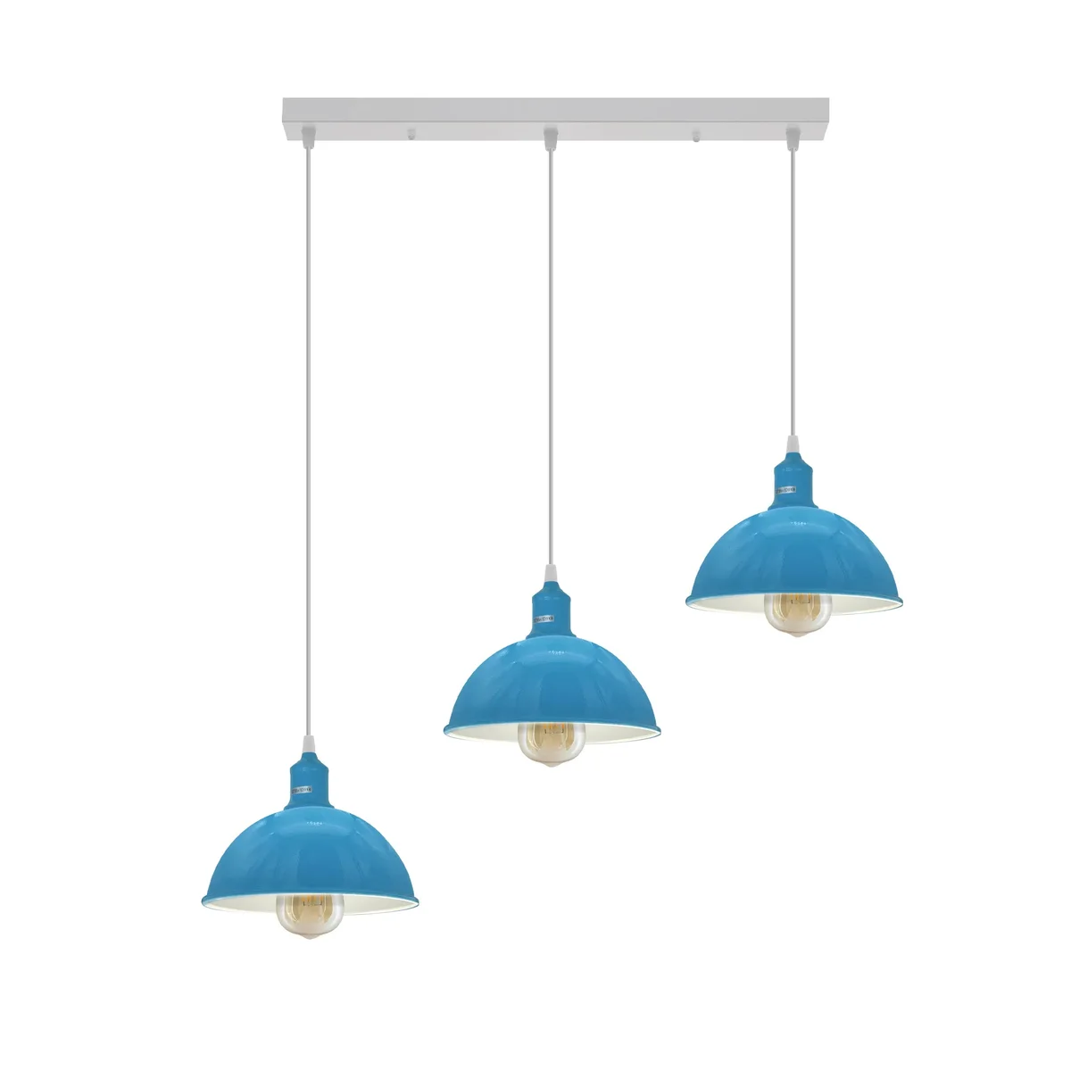 Industrial ceiling light with three metal lamp shades on adjustable cables, vintage loft style, mounted on white ceiling