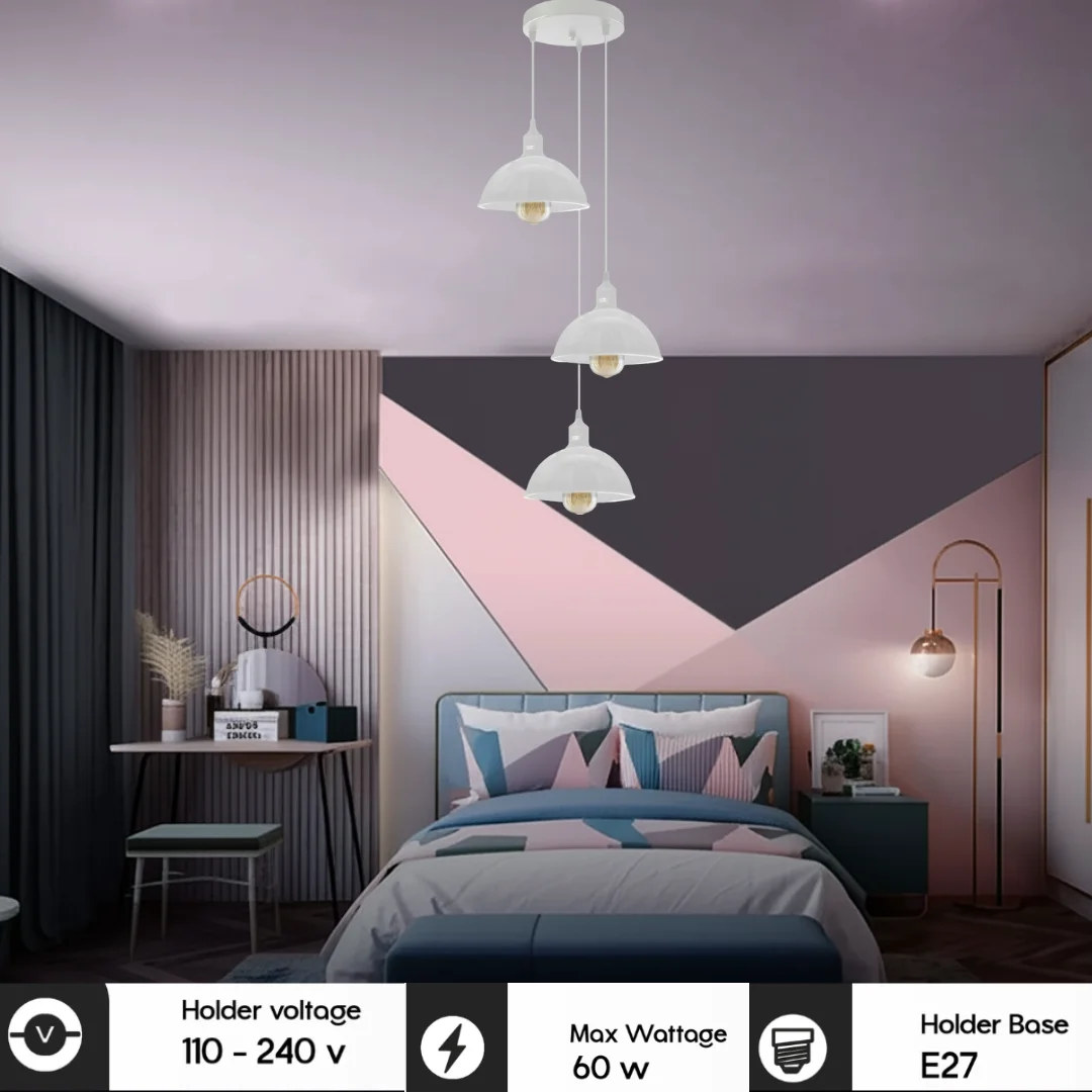 Retro dome pendant light with three 21cm metal and PVC shades hanging from adjustable cords on ceiling mount