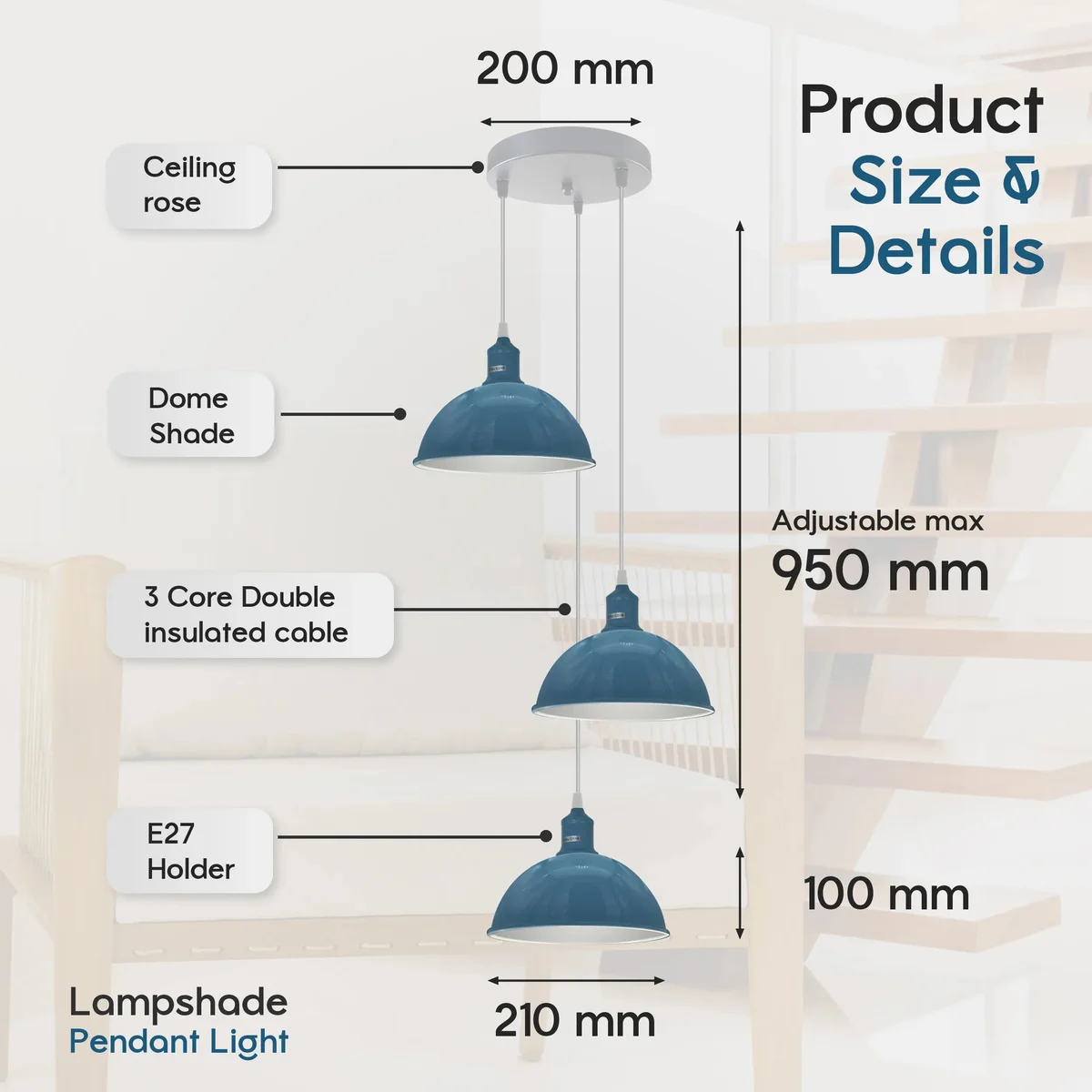 Three 21cm dome metal pendant shades hanging from adjustable cords on a vintage E27 bulb ceiling lamp with a round base