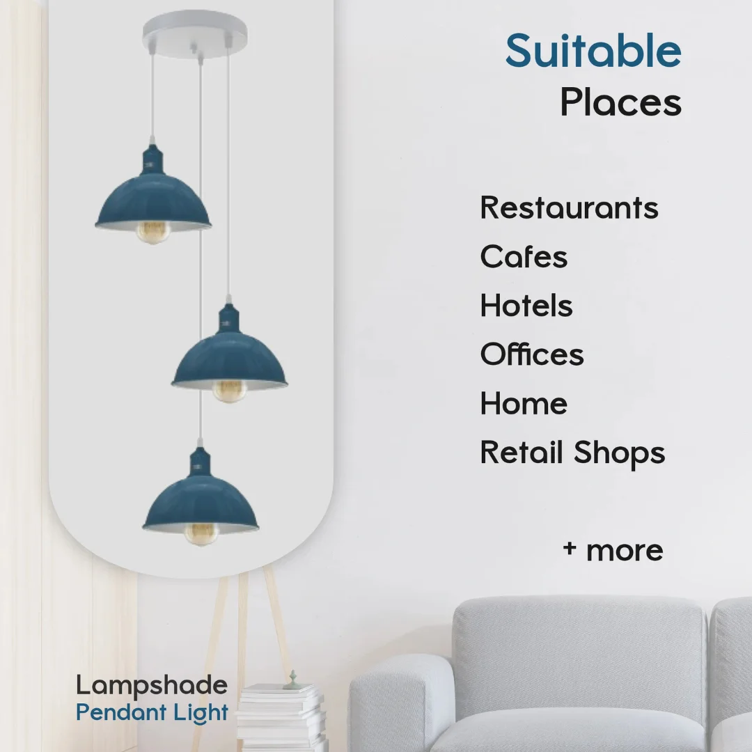 Three vintage-style dome shades on adjustable cable pendant light with metal and PVC materials hanging from ceiling base
