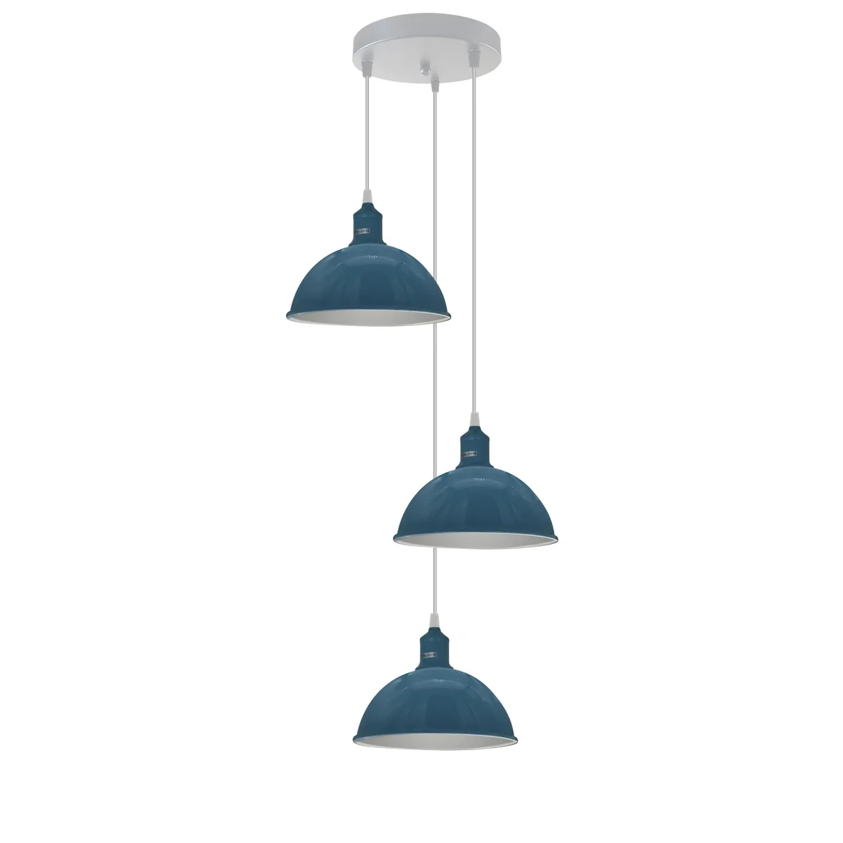 Three vintage-style metal dome shades hanging from adjustable cords on a dimmable indoor ceiling light fixture
