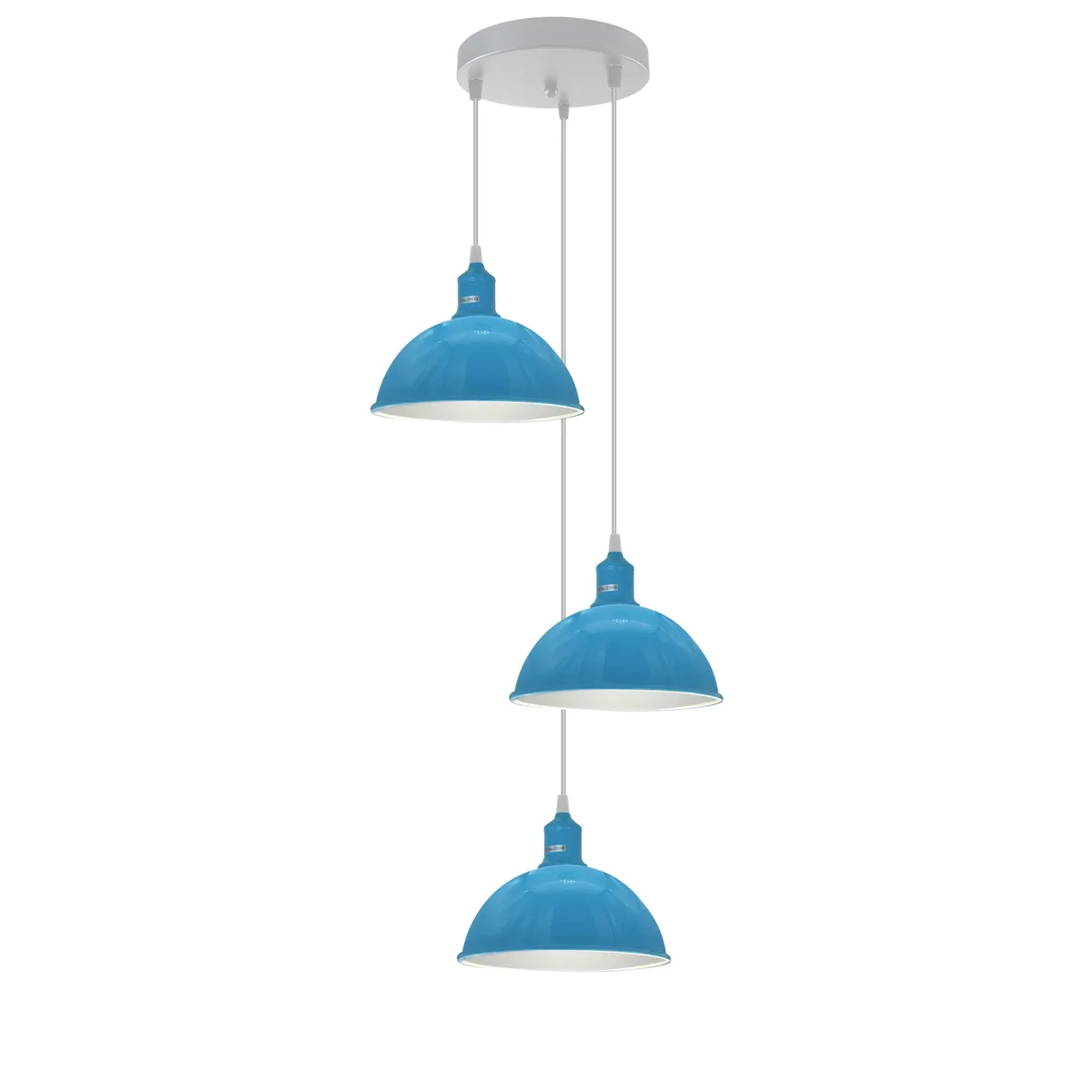 Vintage pendant ceiling light with three 21cm dome metal shades and adjustable cords hanging from a round ceiling base