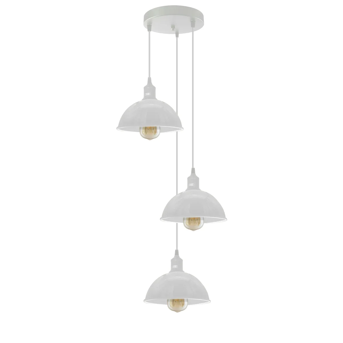 Three 21cm dome shades on adjustable cords forming a vintage pendant ceiling light with metal and PVC materials