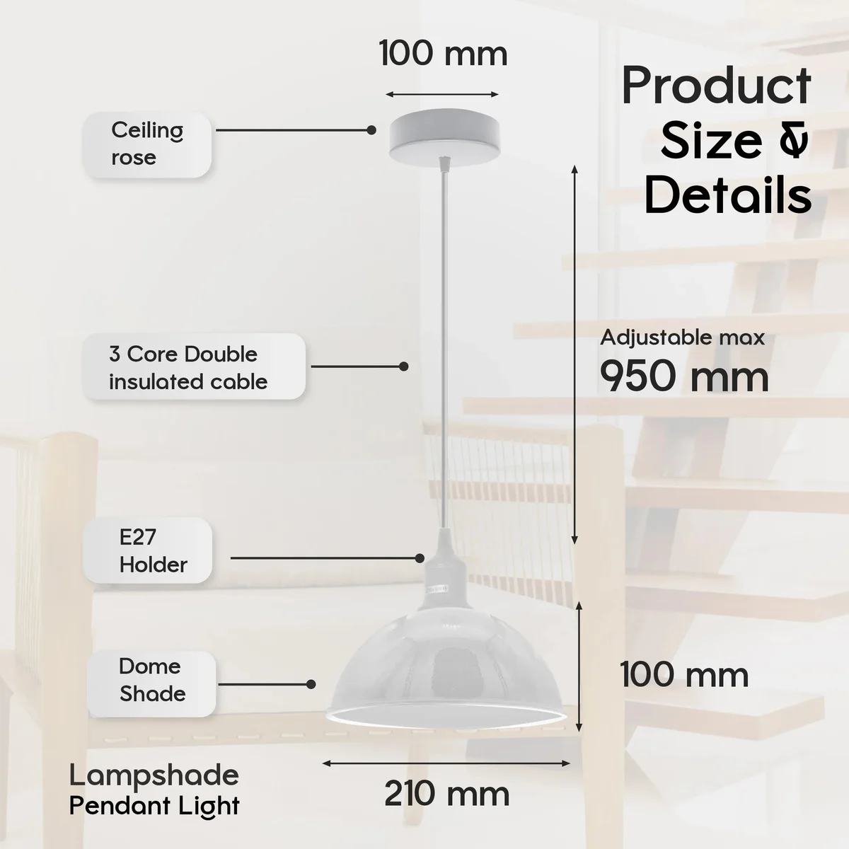 Modern industrial style E27 base pendant light with metal shade and adjustable 95cm cable for indoor ceiling mounting