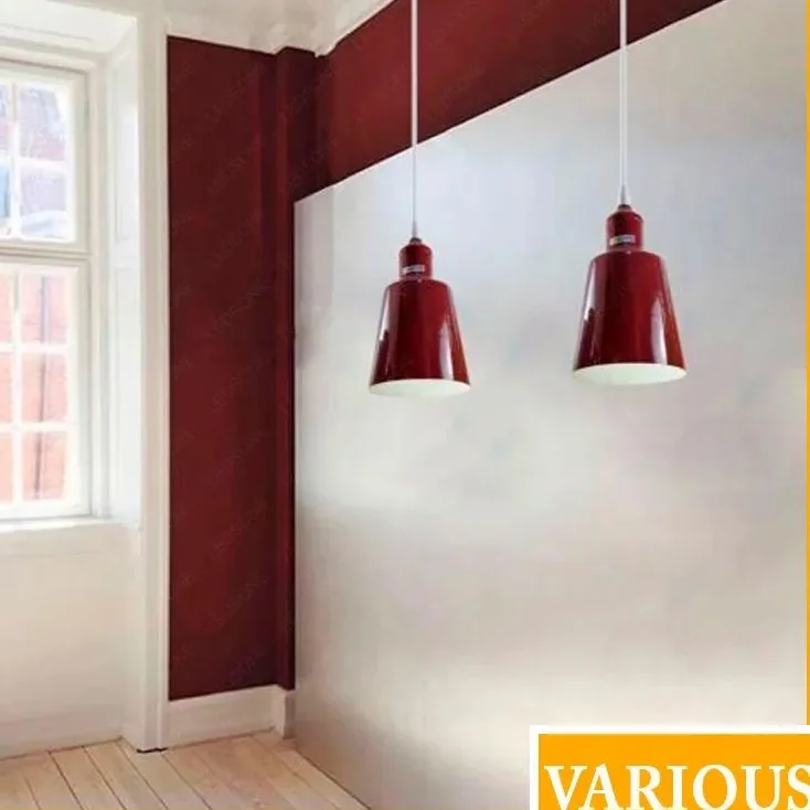 Modern industrial pendant light with burgundy metal lampshade and E27 base, hanging from ceiling with 95cm cable