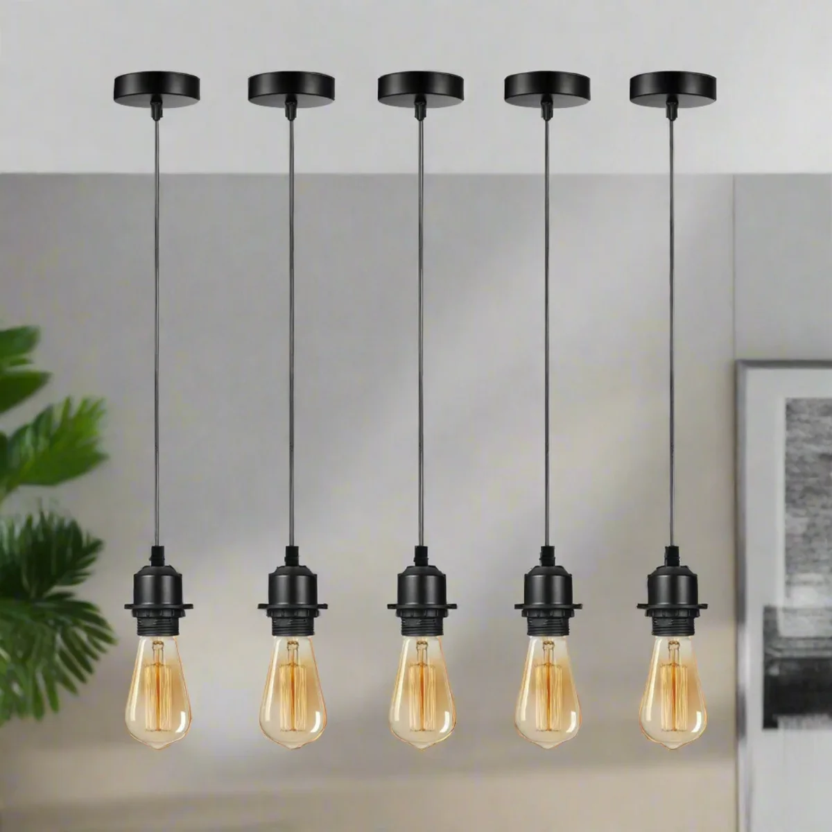 Five vintage style E27 pendant light holders with 95cm cables and ceiling roses for indoor ceiling installation