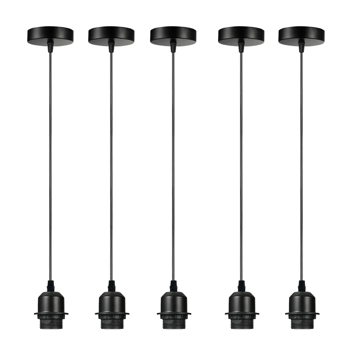 Five vintage style E27 dimmable pendant light holders with 95cm cables and ceiling roses arranged on a white background