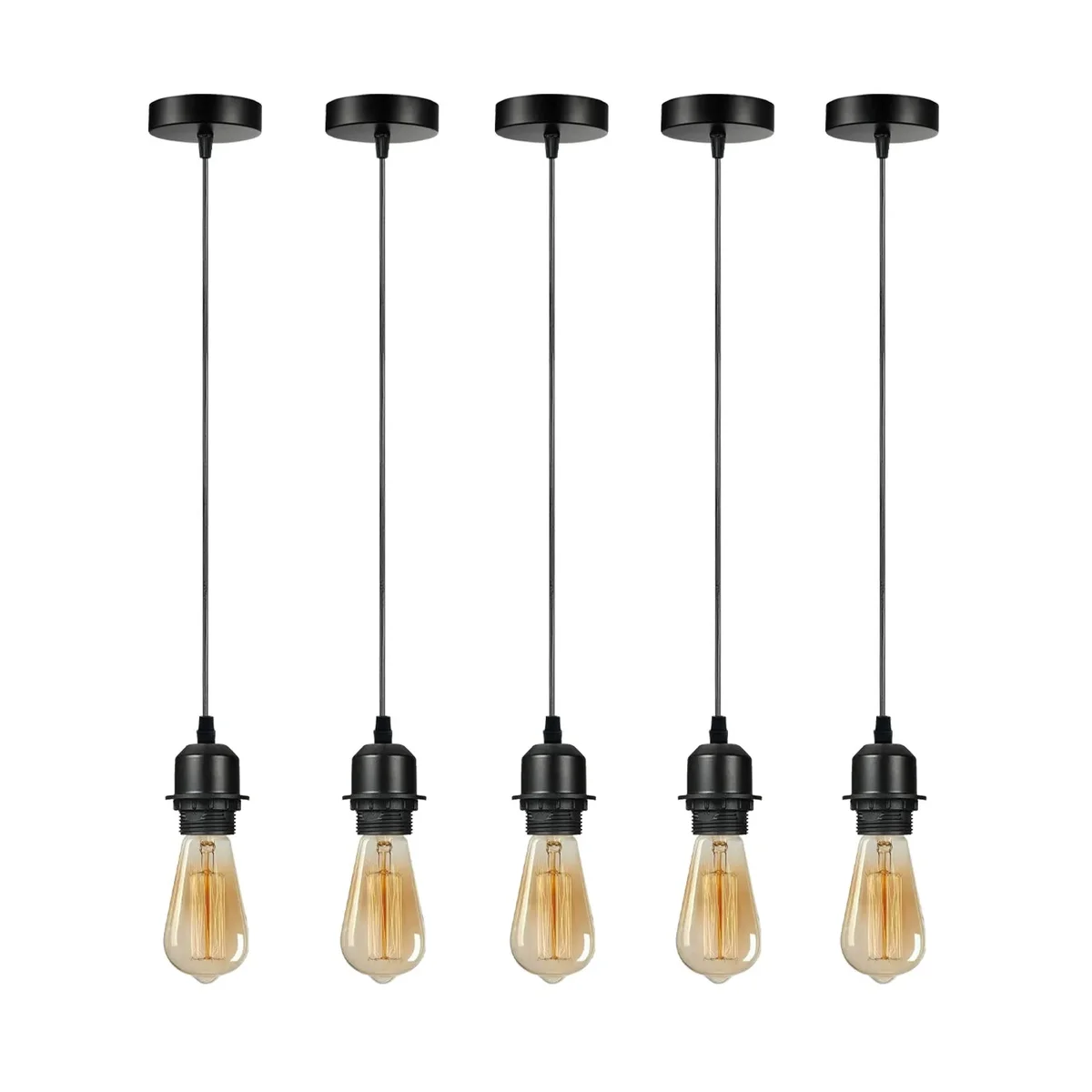 Five vintage pendant light holders with 95cm cables and ceiling roses, metal and PVC, suitable for E27 bulbs, indoor use