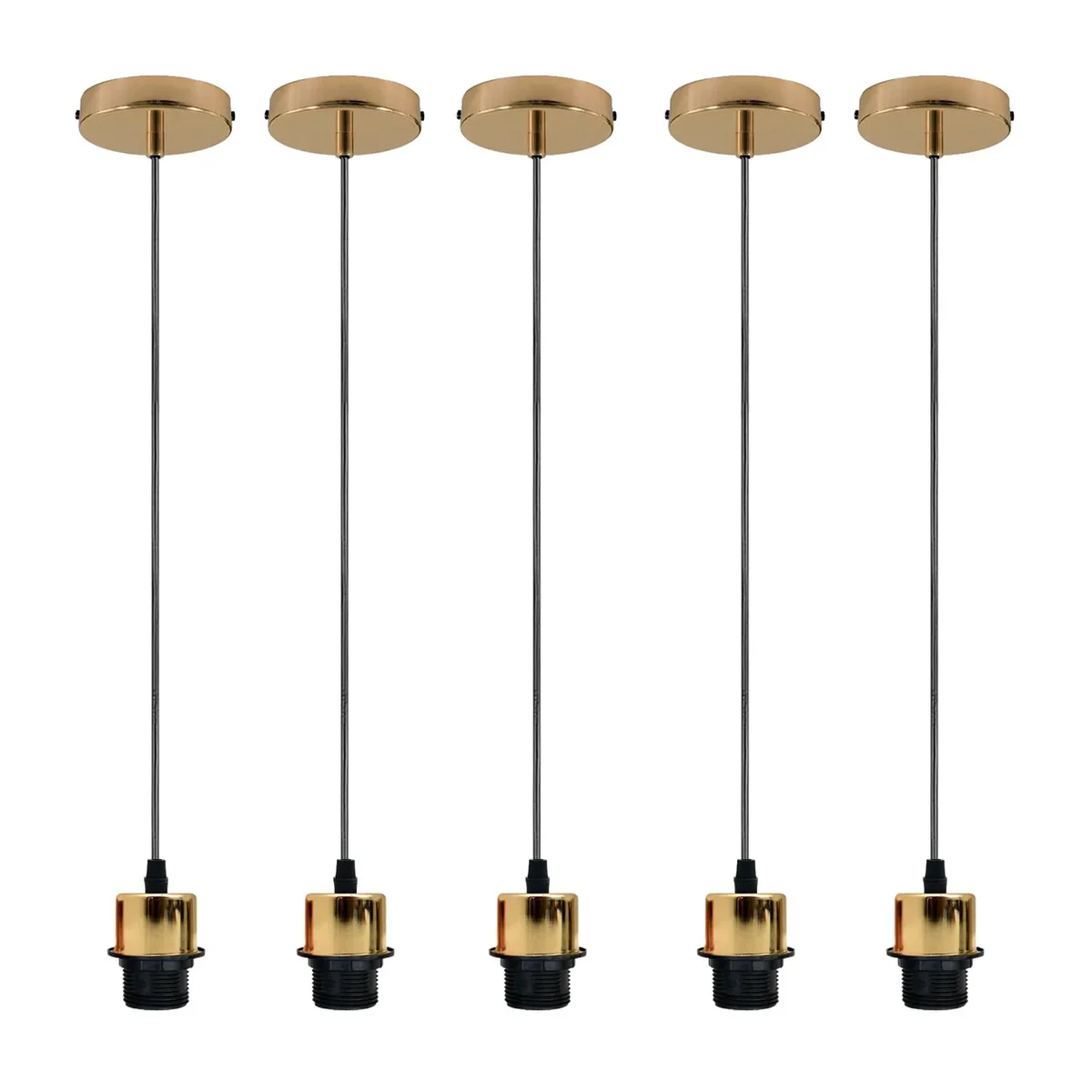 Set of five vintage pendant light holders with 95cm cables and ceiling roses, metal and PVC materials, indoor use