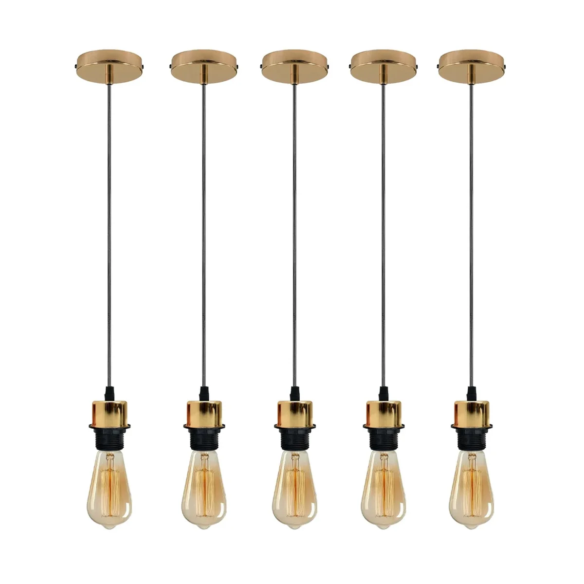 Set of five vintage pendant light holders with 95cm black cables and ceiling roses for indoor ceiling installation