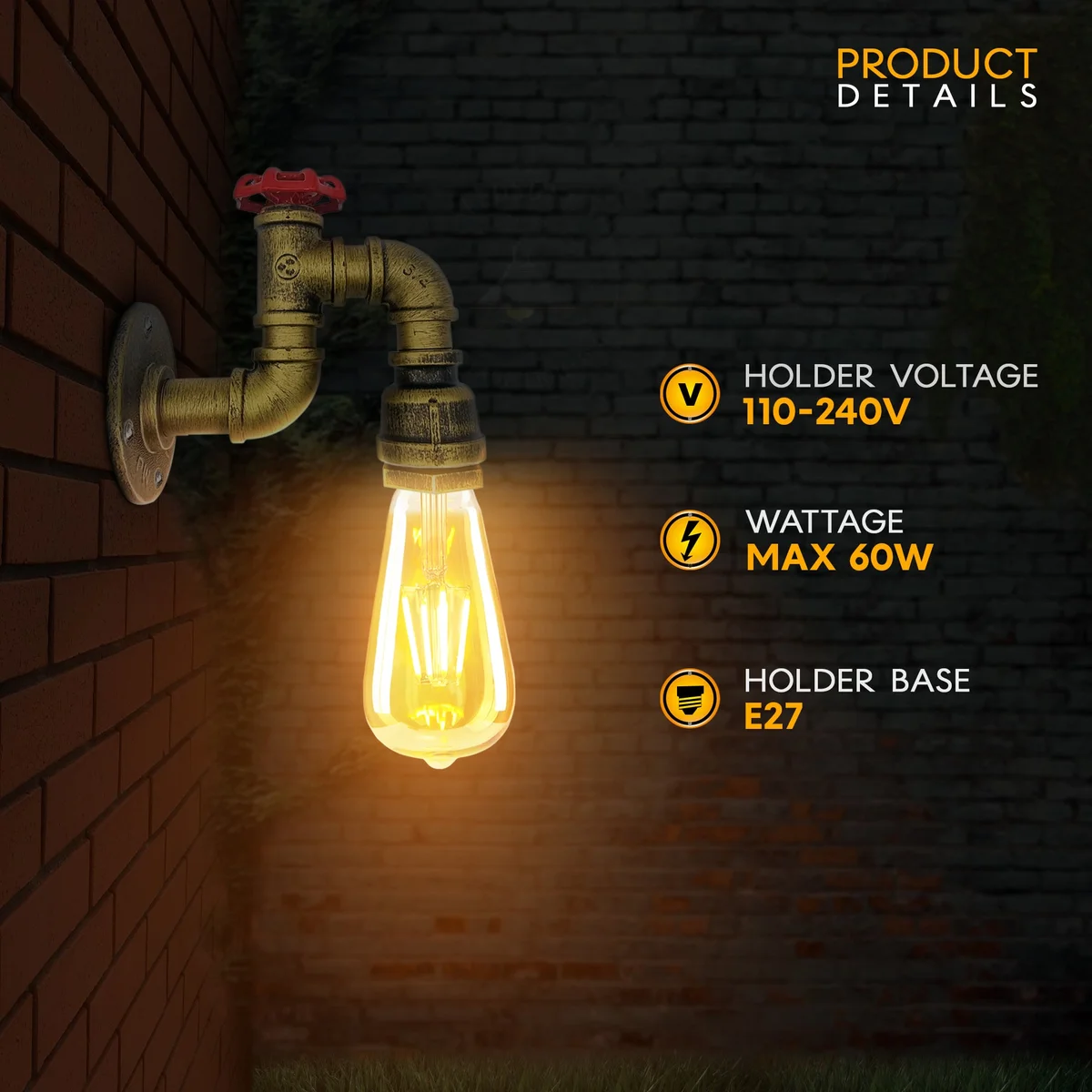 Vintage industrial wall sconce with black metal water pipe design, red valve, and wire cage shade, plug-in with switch