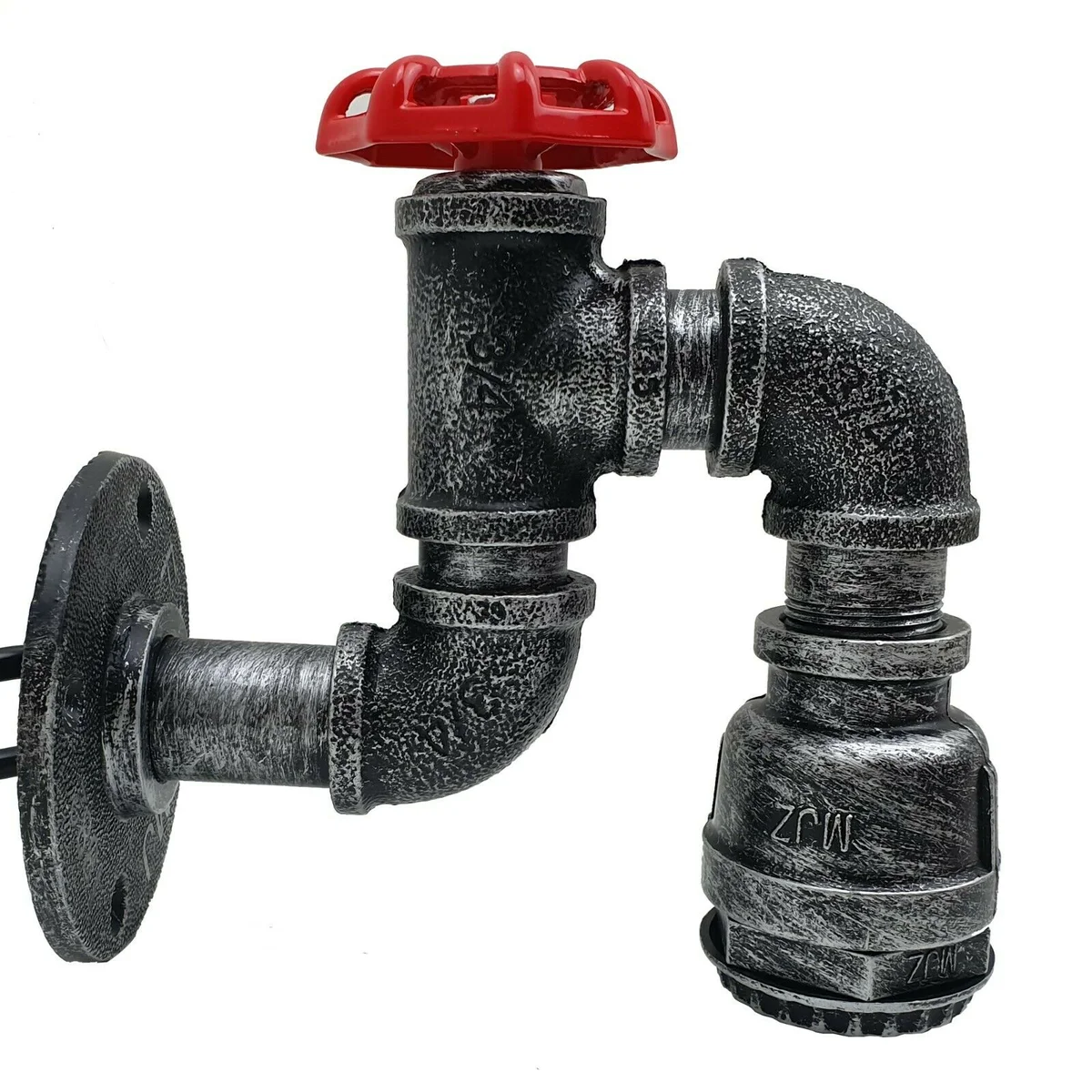 Vintage steampunk metal wall light with exposed water pipe design, red valve, and wire cage shade in rustic red finish