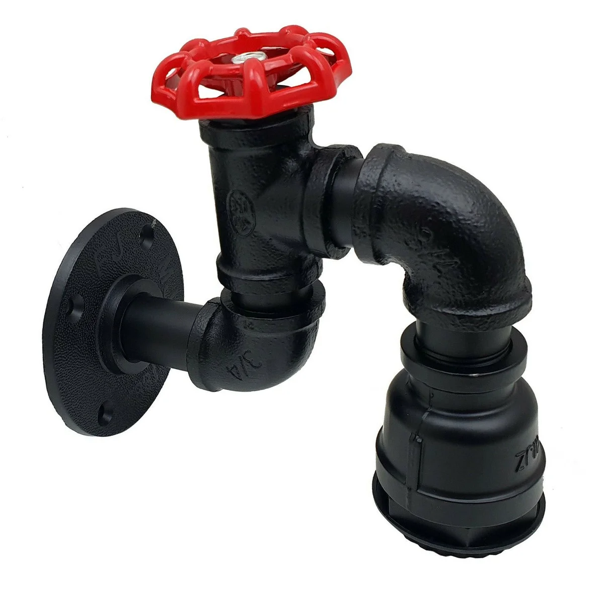 Vintage industrial wall sconce with black metal water pipe design, red valve, wire cage shade, and E27 bulb socket