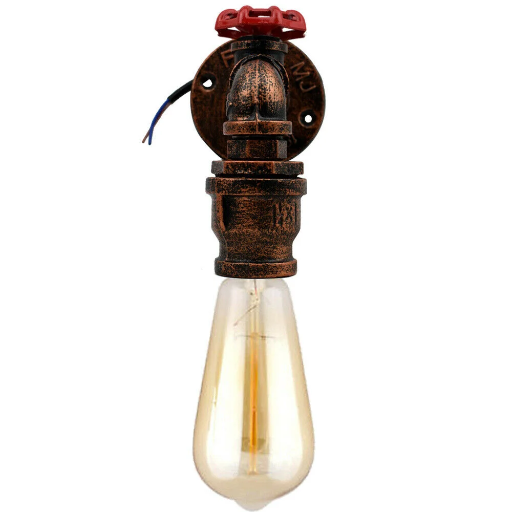 Vintage industrial wall sconce with black metal water pipe design, red valve, and wire cage shade, plug-in with switch
