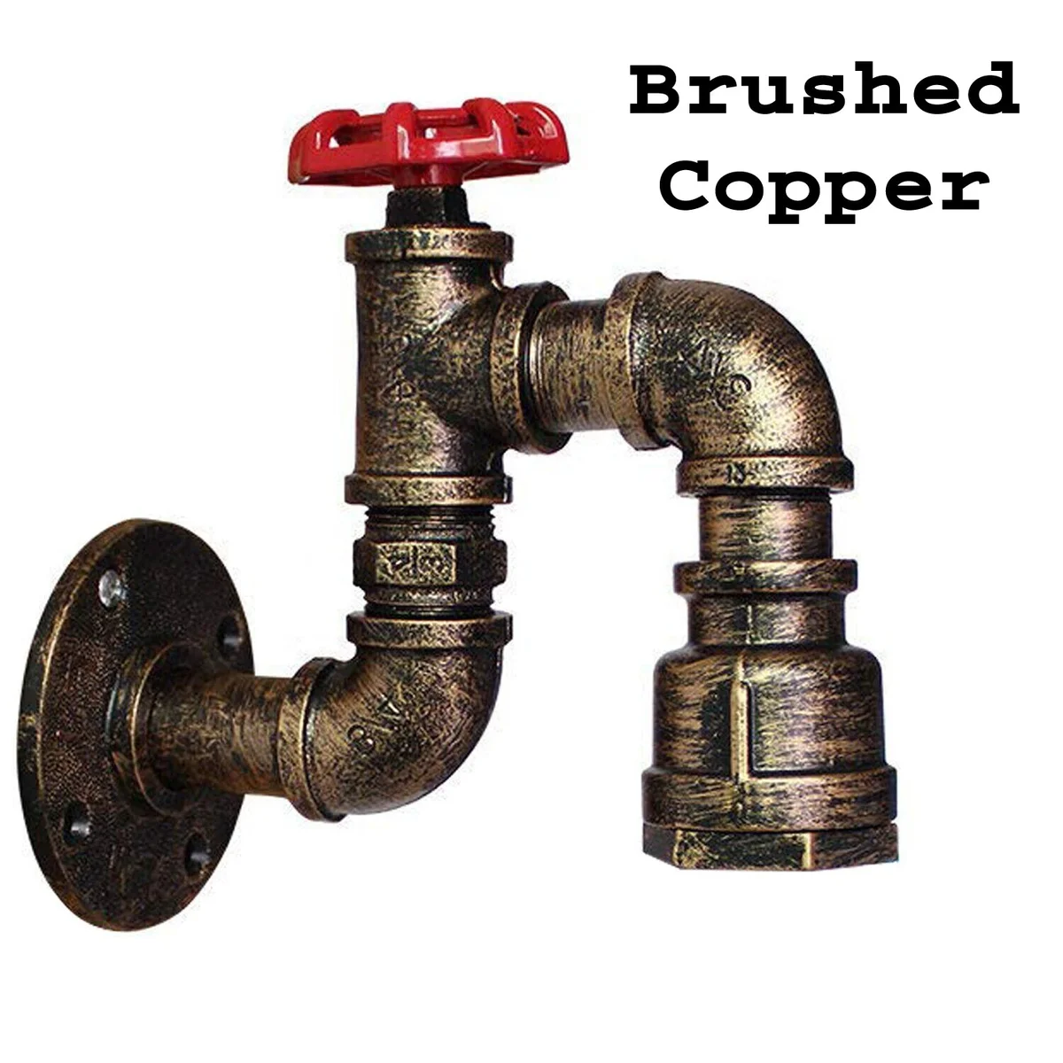 Vintage industrial wall sconce with black metal water pipe design, red valve, and wire cage shade, E27 bulb compatible