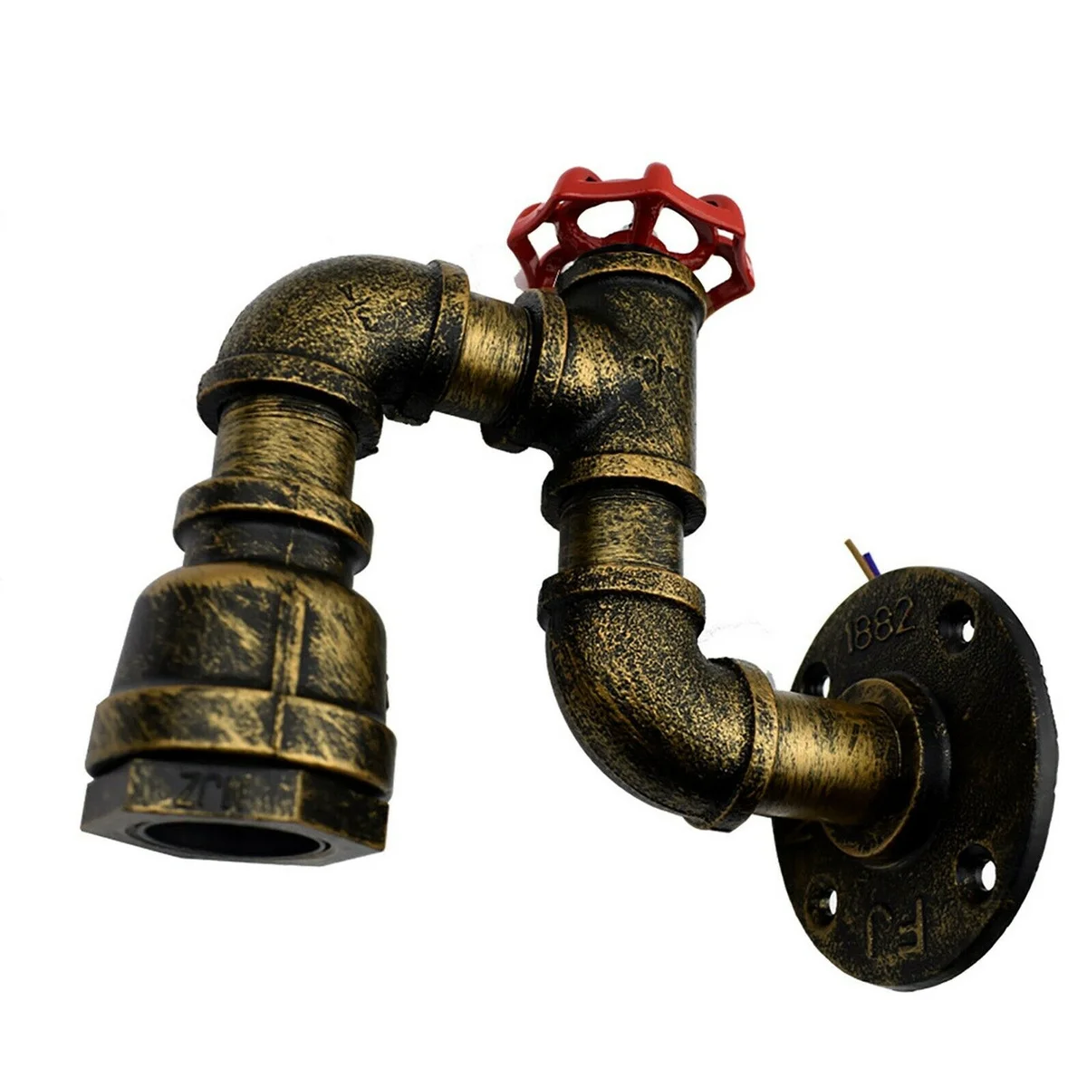 Vintage industrial wall sconce with black metal water pipe design, red valve, and wire cage shade, plug-in with switch