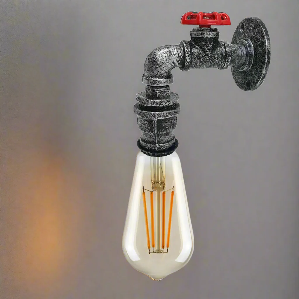 Rustic industrial wall light with vintage steampunk water pipe design and E27 lamp holder in metal finish