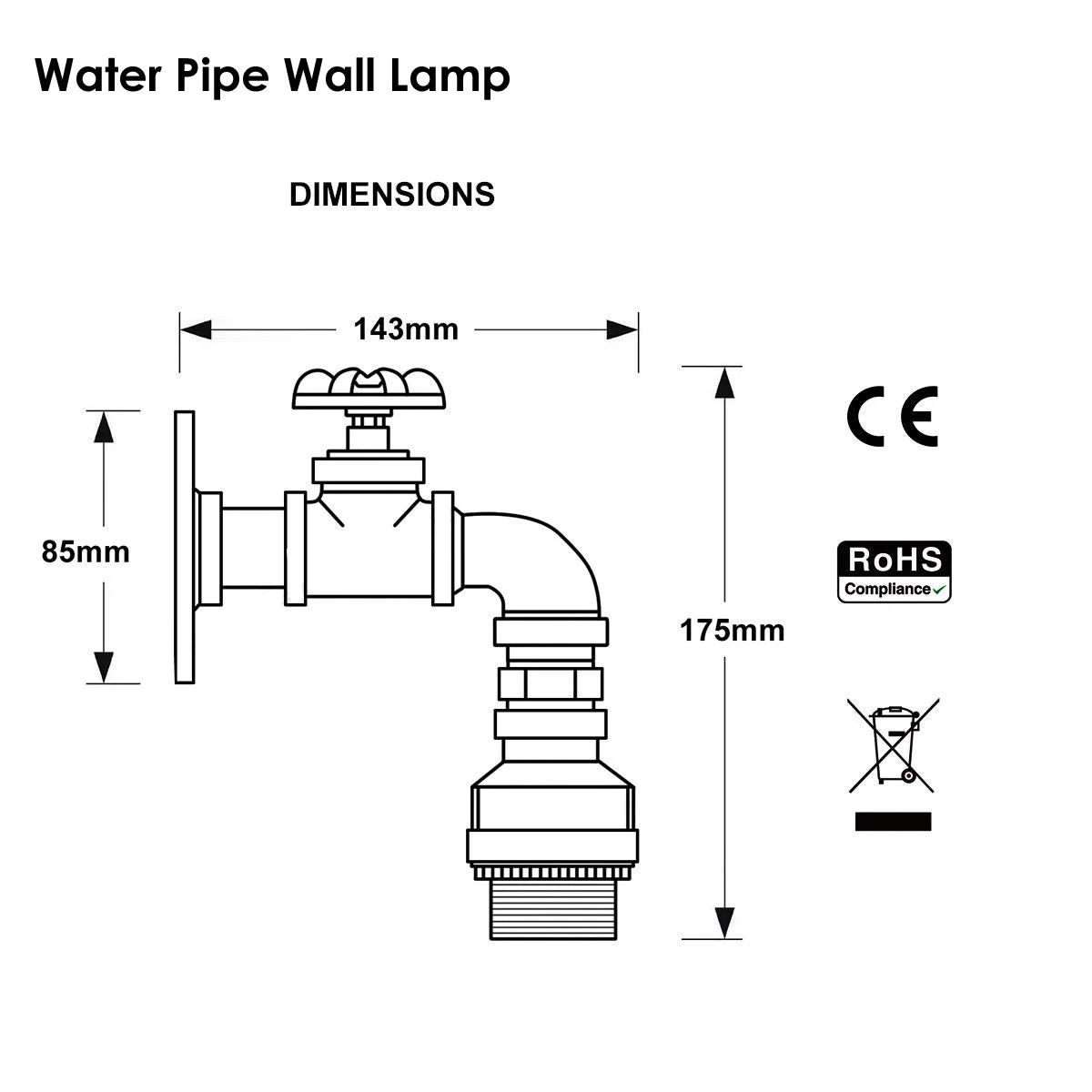 Vintage steampunk light featuring industrial metal water pipe design wall sconce with E27 lamp holder in rustic finish