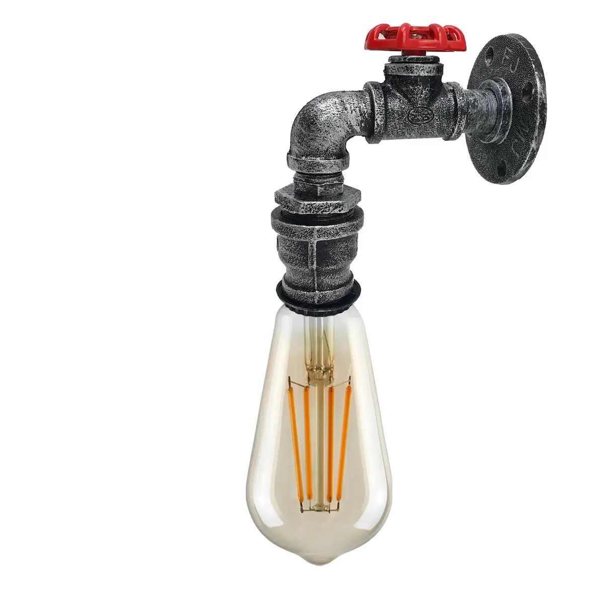 Vintage industrial dimmable wall light with E27 bulb holder and rustic metal water pipe design in steampunk style