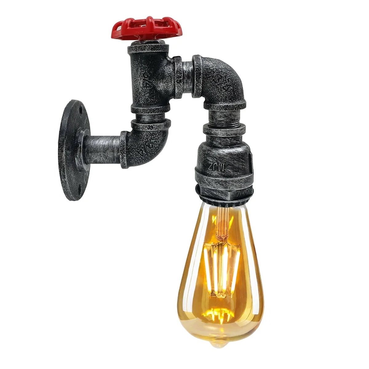 Rustic industrial wall light with vintage steampunk water pipe design and E27 lamp holder on metal sconce base