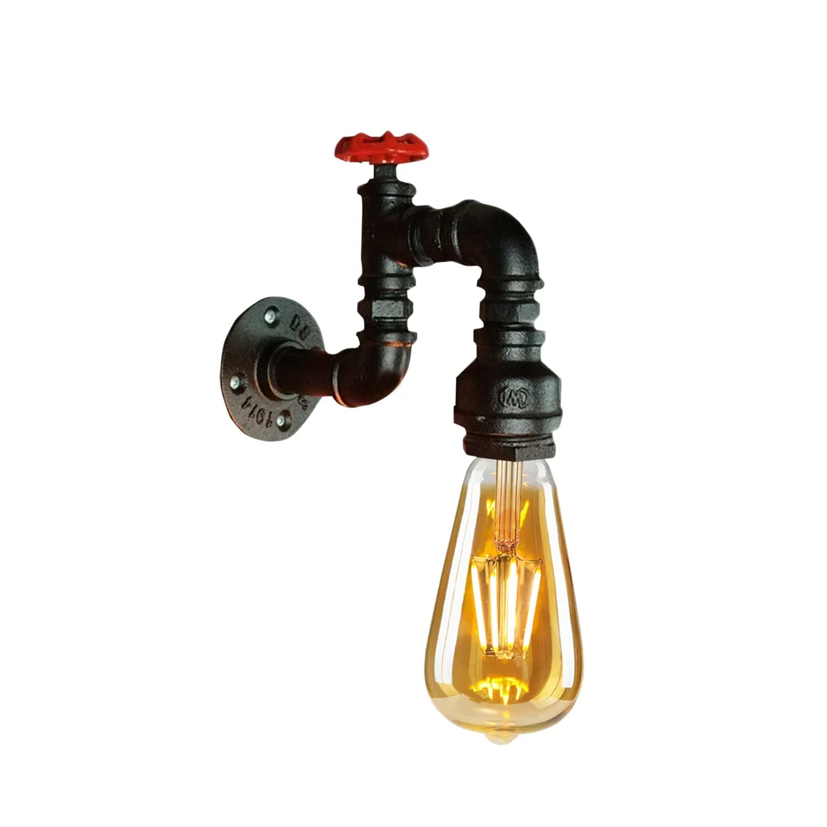 Vintage industrial wall light with metal water pipe design and E27 lamp holder mounted on a white wall