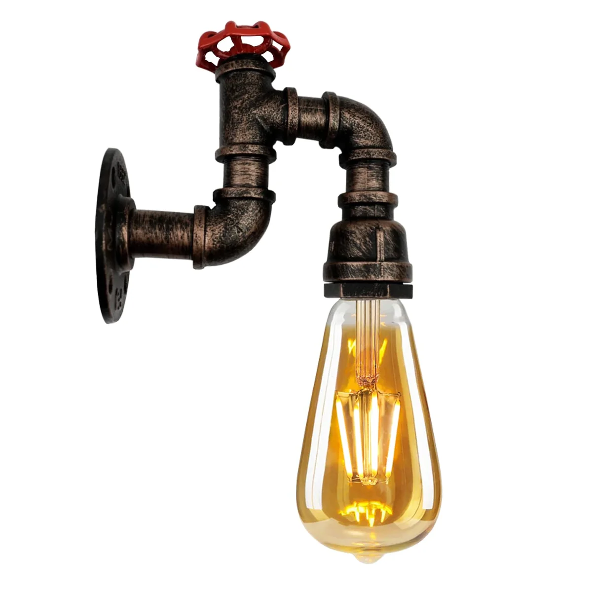 Rustic metal industrial wall light with E27 bulb holder designed as vintage steampunk water pipe sconce