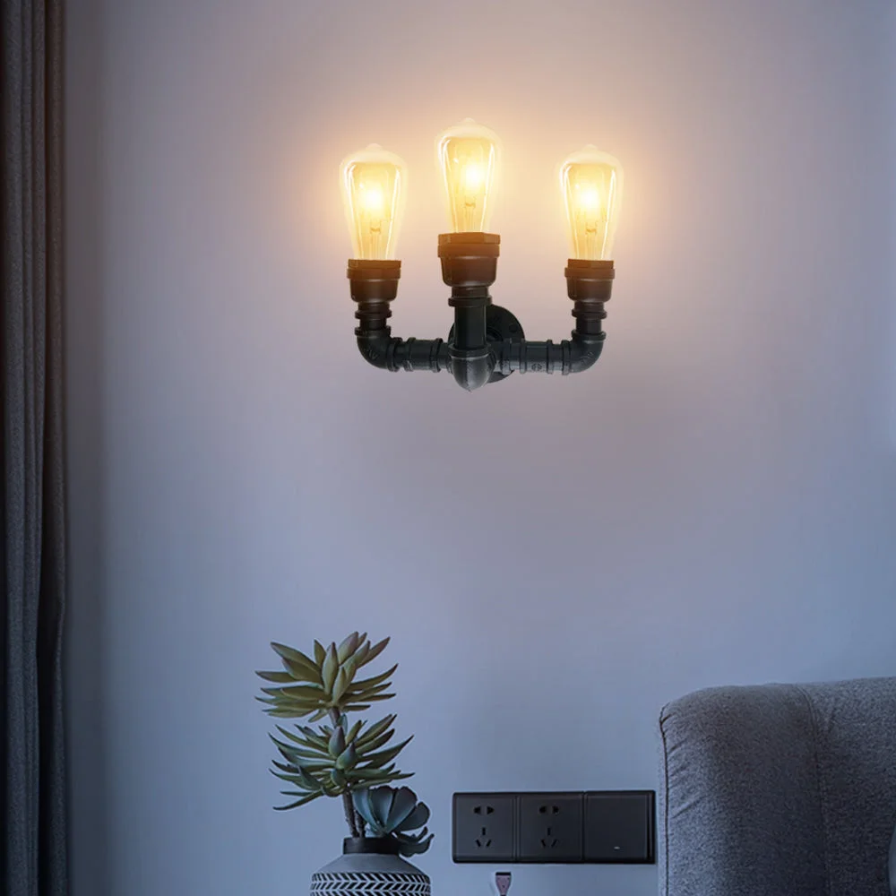 Brushed silver industrial steampunk wall light with three E27 lamp holders and vintage water pipe design on wall