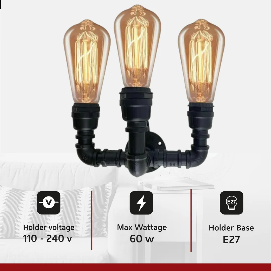 3-way wall lamp in brushed silver iron with three E27 holders, showcasing industrial steampunk pipe design on white wall