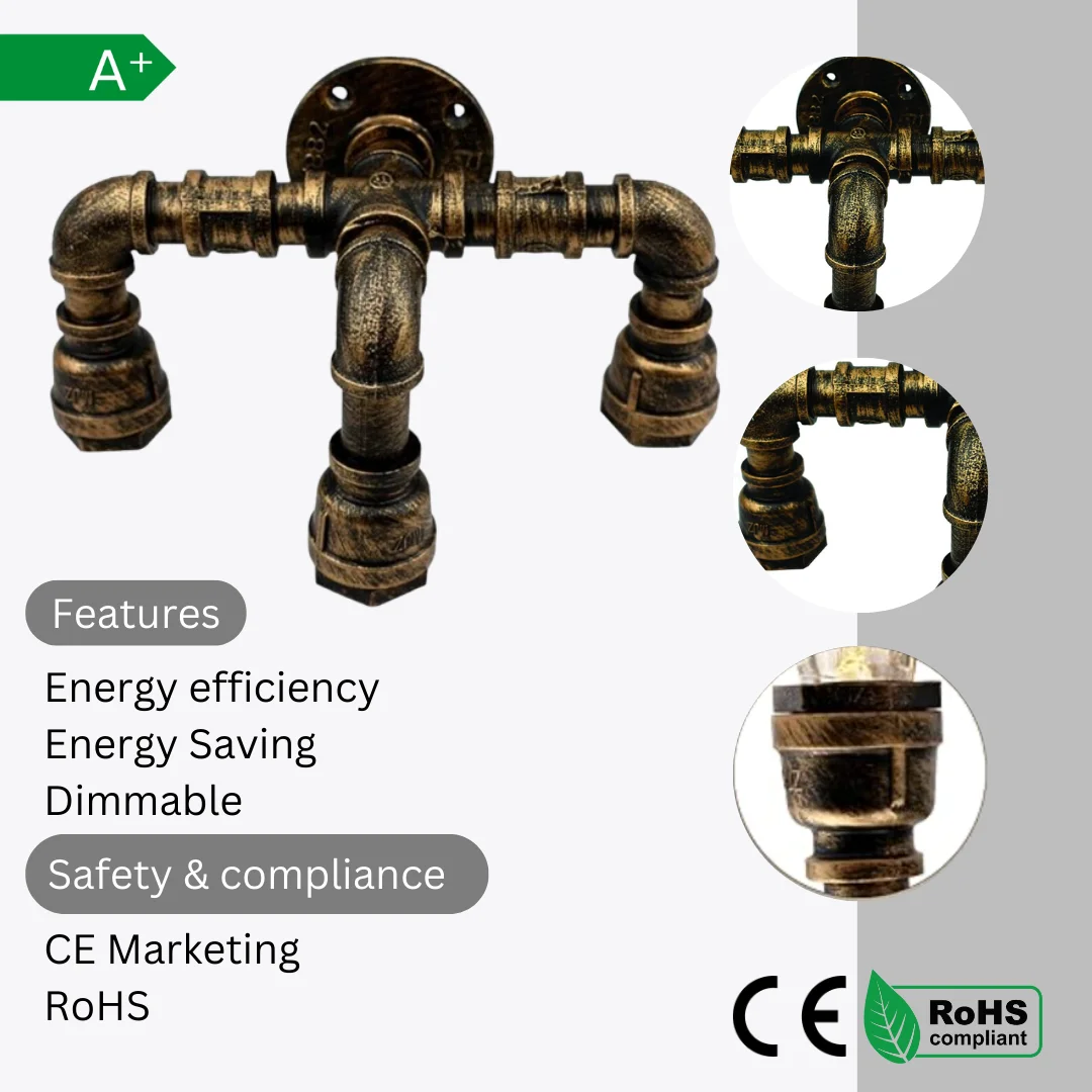Brushed silver industrial water pipe wall light with three E27 pipe light fitting sockets in steampunk style