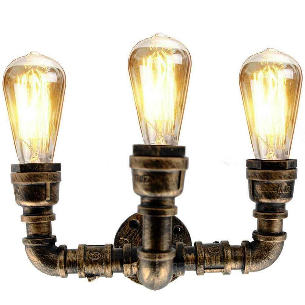 Three-headed brushed silver dimmable industrial light wall fixture with E27 sockets and steampunk water pipe design