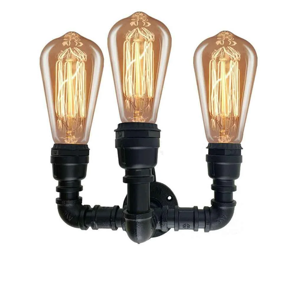 Three-headed industrial wall light in brushed silver iron with exposed E27 bulb holders mounted on a wall