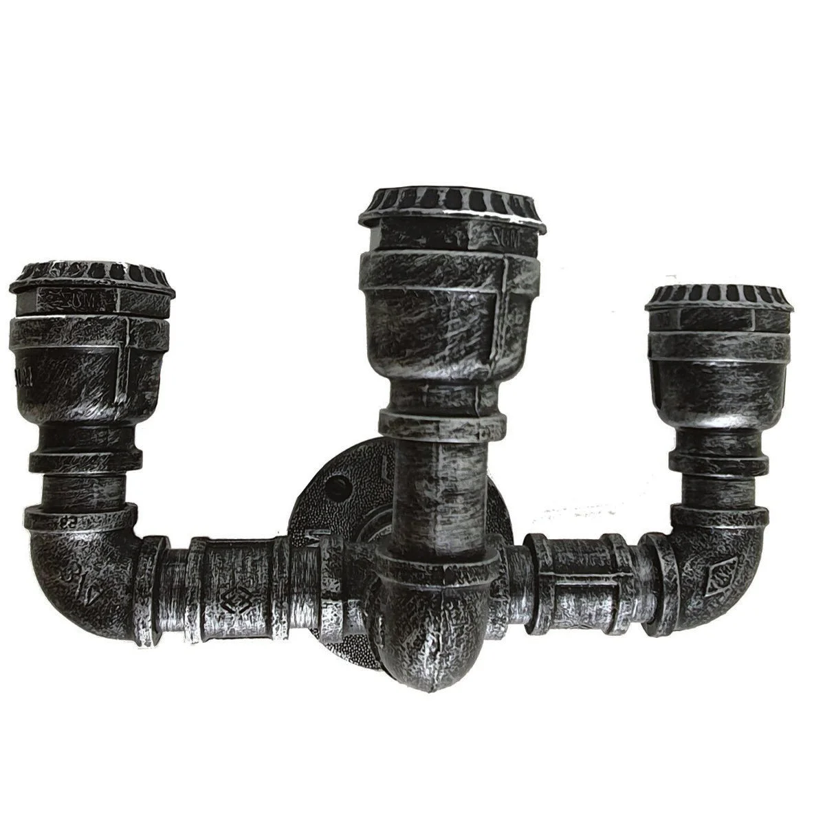 Industrial wall light with three E27 lamp holders in brushed silver iron, showcasing retro steampunk pipe design on wall