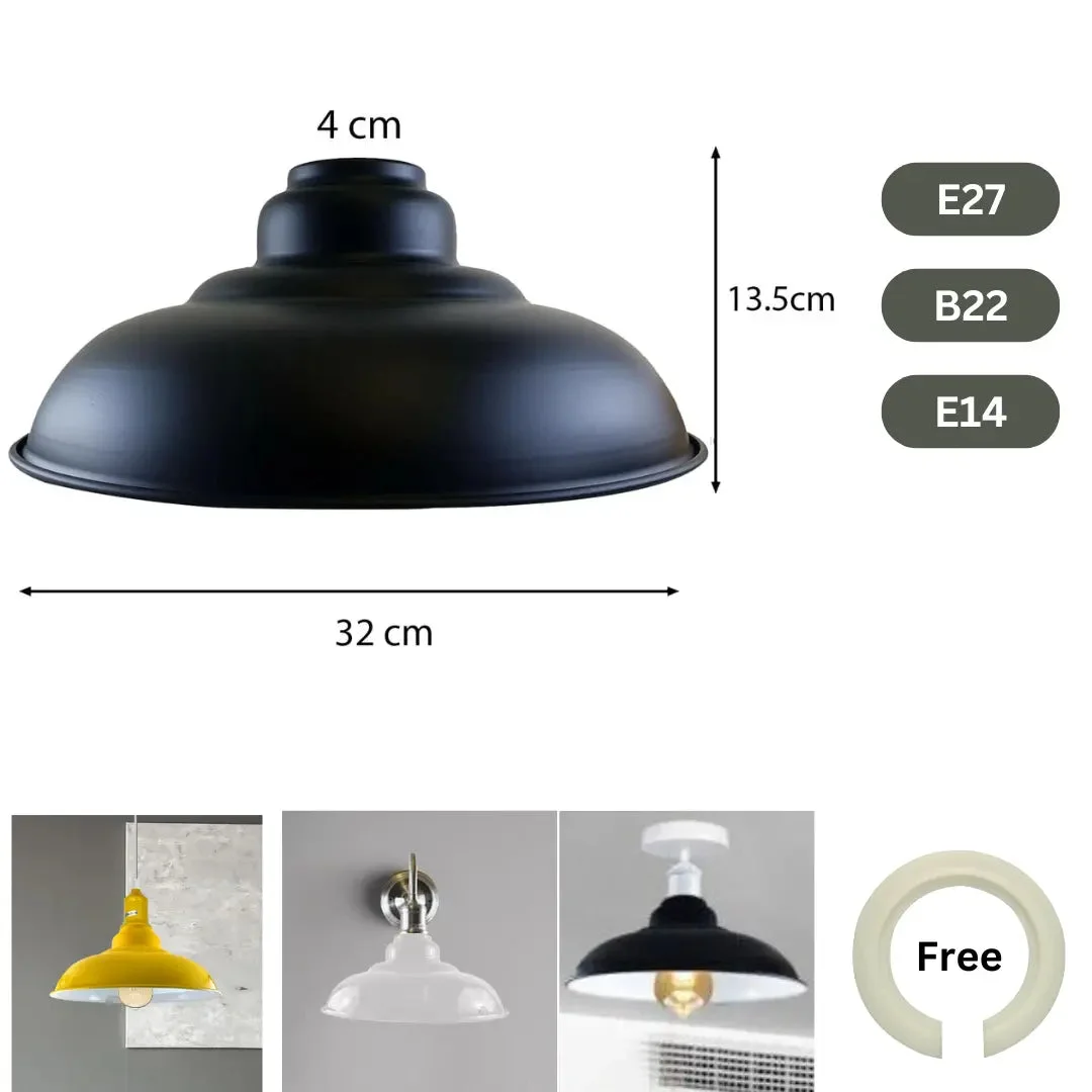 Vintage lamp shade in glossy metal with semi-curvy design and white interior, 32cm diameter for wall lights