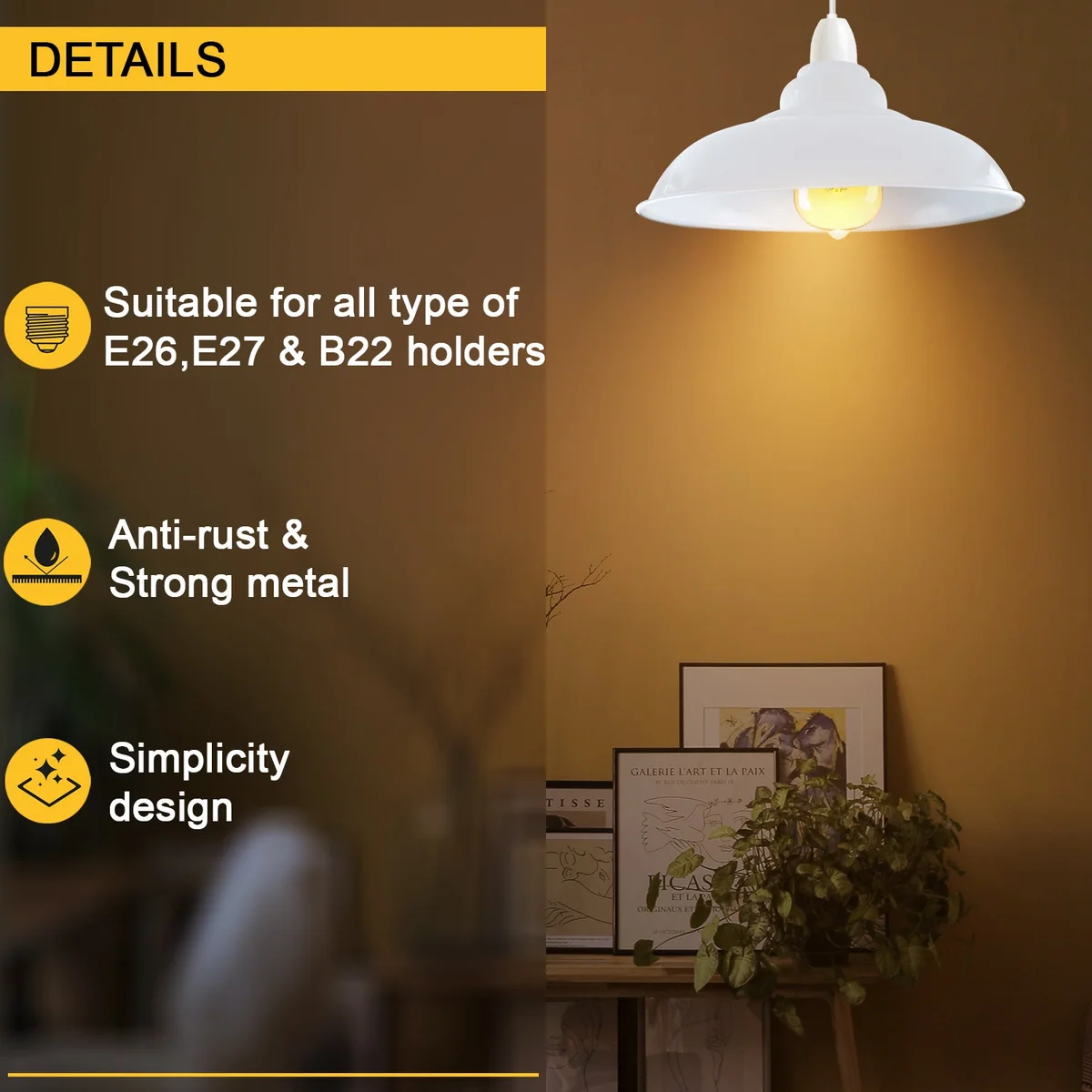 Glossy black industrial pendant shade with semi-curvy metal design and white interior, 32cm diameter for indoor use