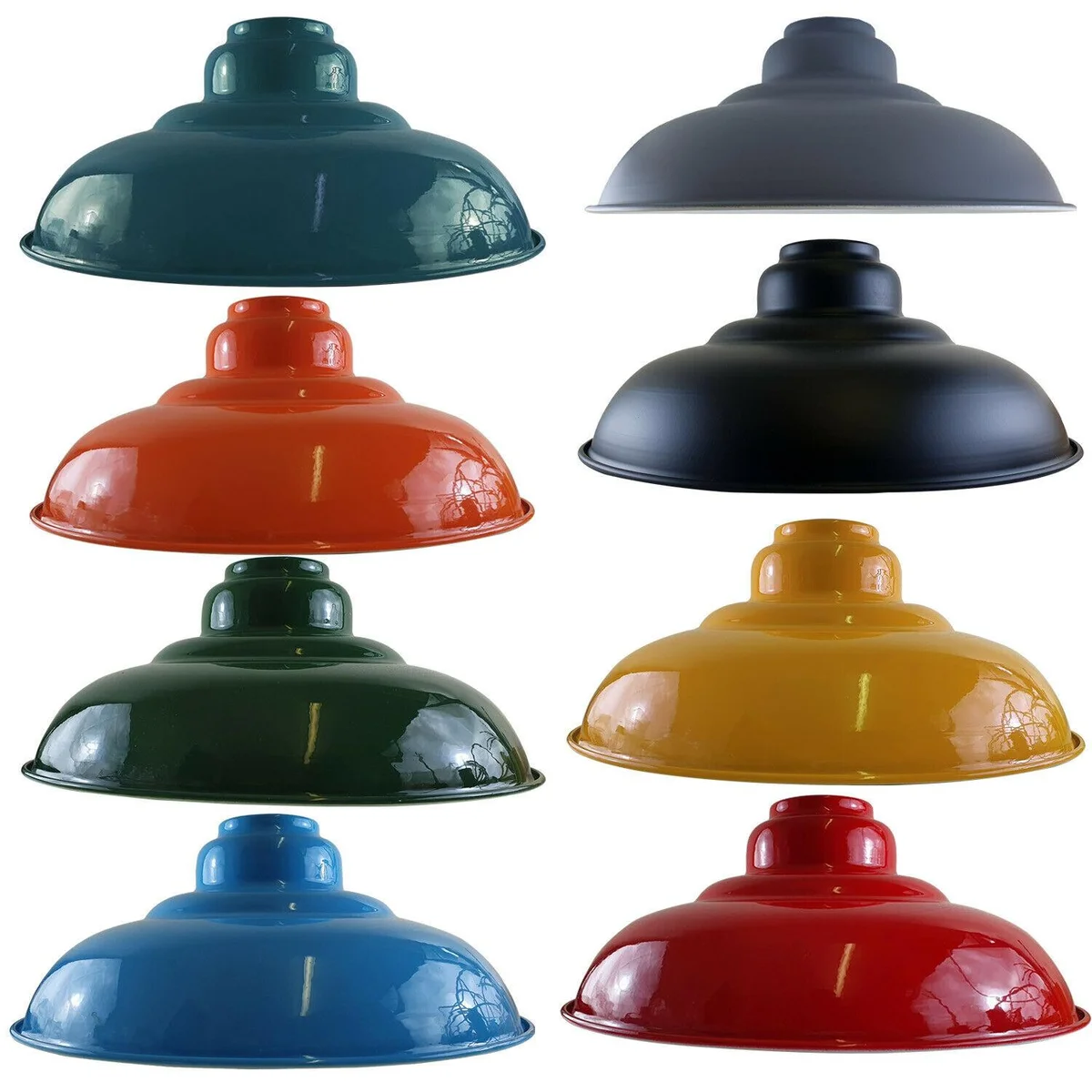 Vintage-style metal indoor ceiling light shade with semi-curvy shape and white interior, 32cm diameter, gloss finish