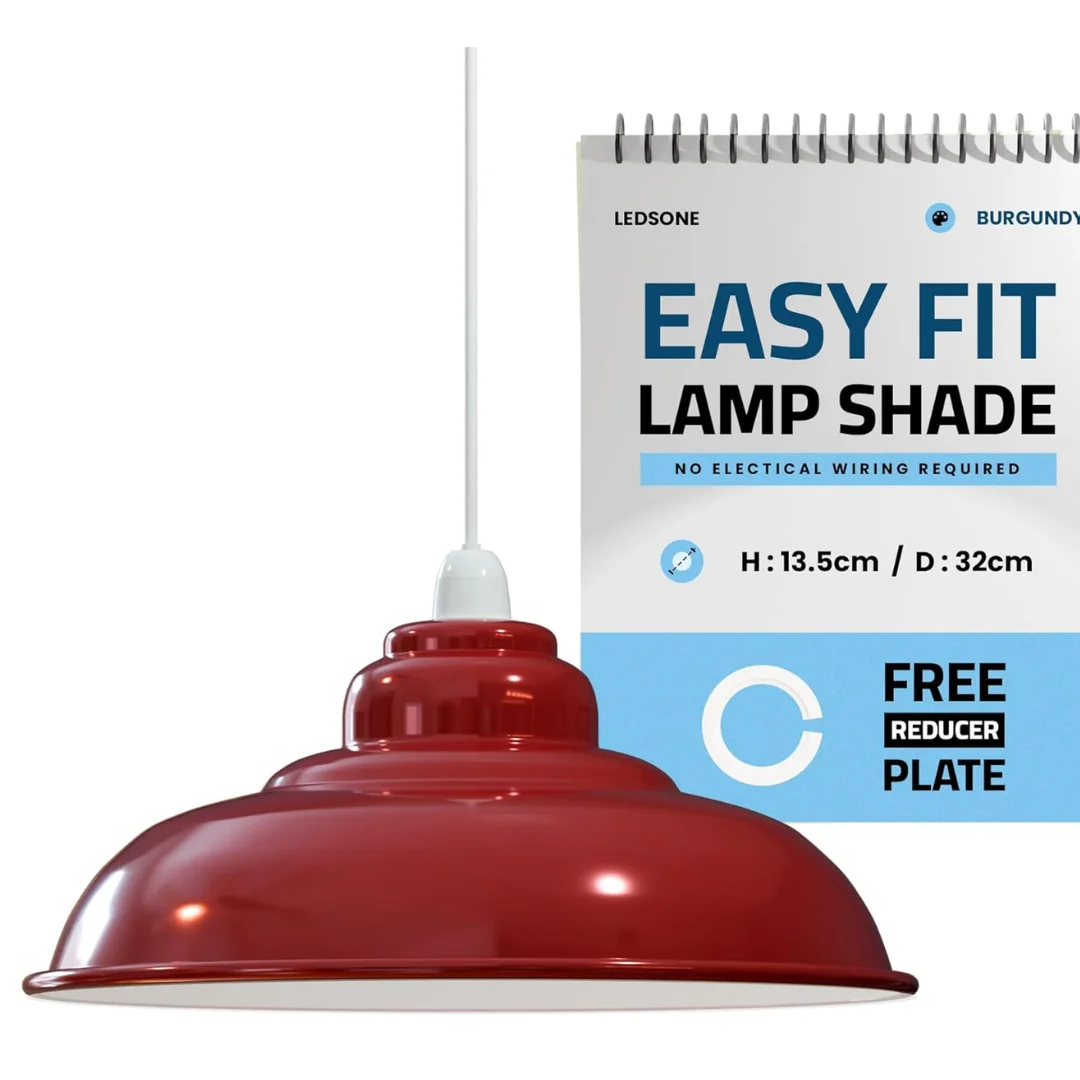 Glossy vintage metal ceiling lamp shade with semi-curvy design and white interior, 32cm diameter for indoor use
