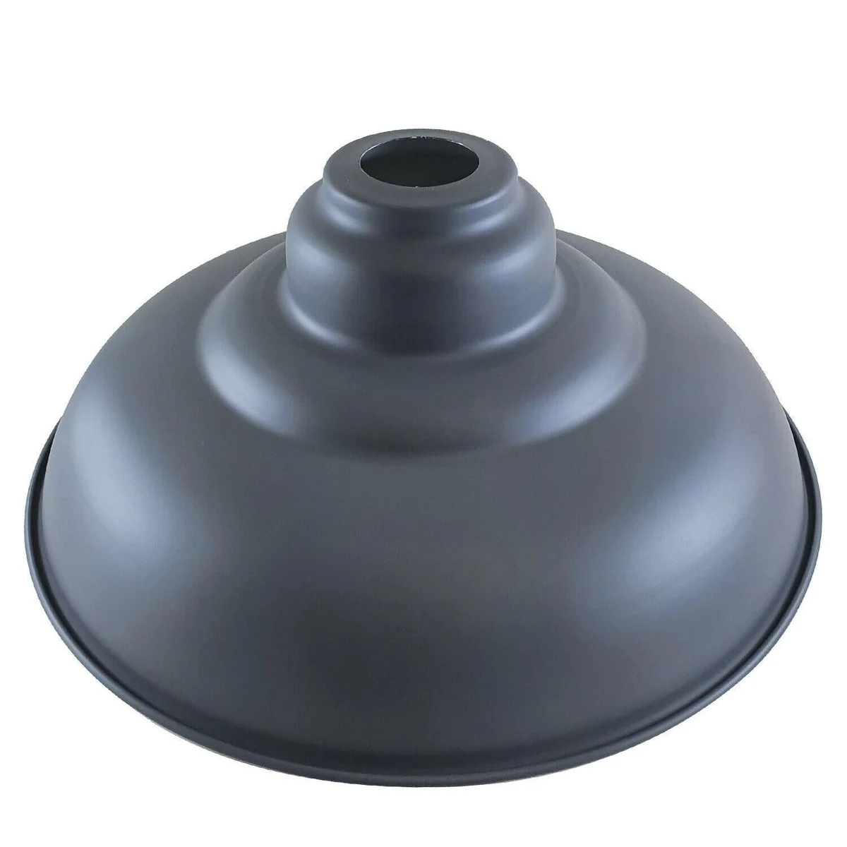 Glossy vintage metal ceiling lamp shade with semi-curvy shape and white interior, 32cm diameter, indoor use.