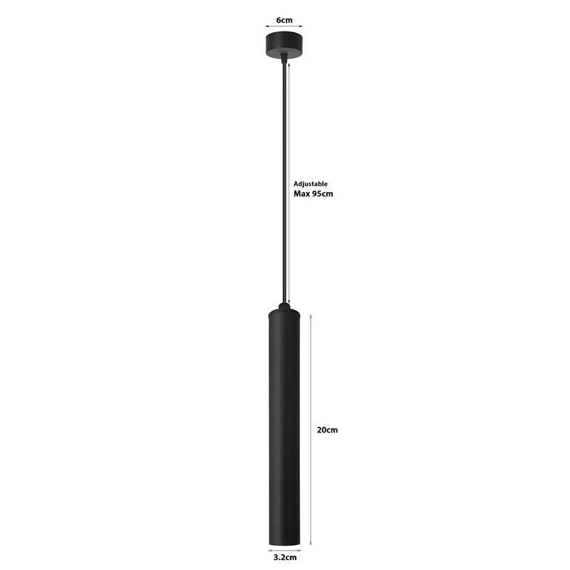Modern black pendant light with geometric diamond aluminium tube hanging from adjustable cable against white background