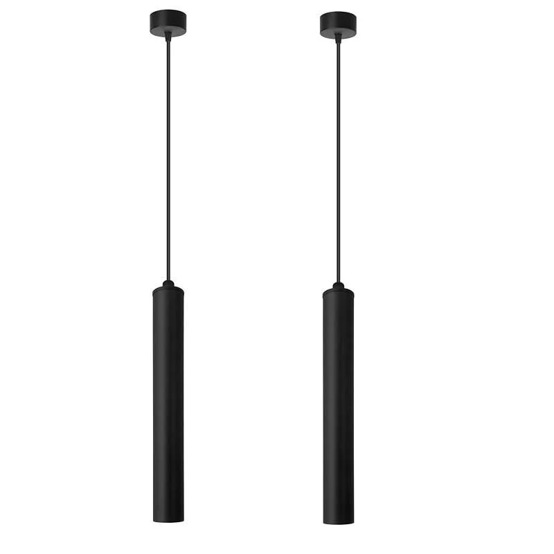 Modern black pendant light with geometric diamond aluminium tube hanging from adjustable cable against white background