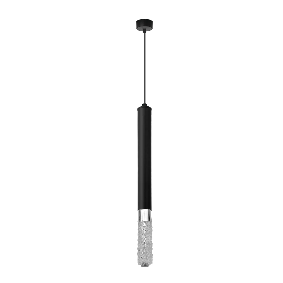 Modern black pendant light with geometric diamond aluminium tube hanging from adjustable cable in minimalist setting