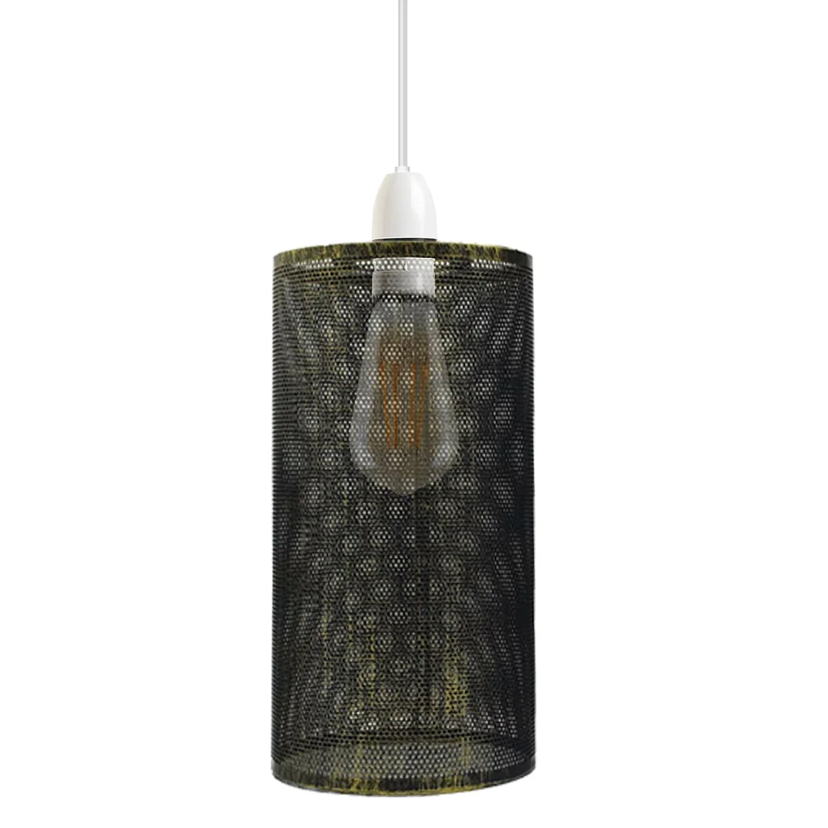 Modern industrial ceiling lampshade with a metal wire drum cage in brushed brass finish, easy fit for ceiling installation