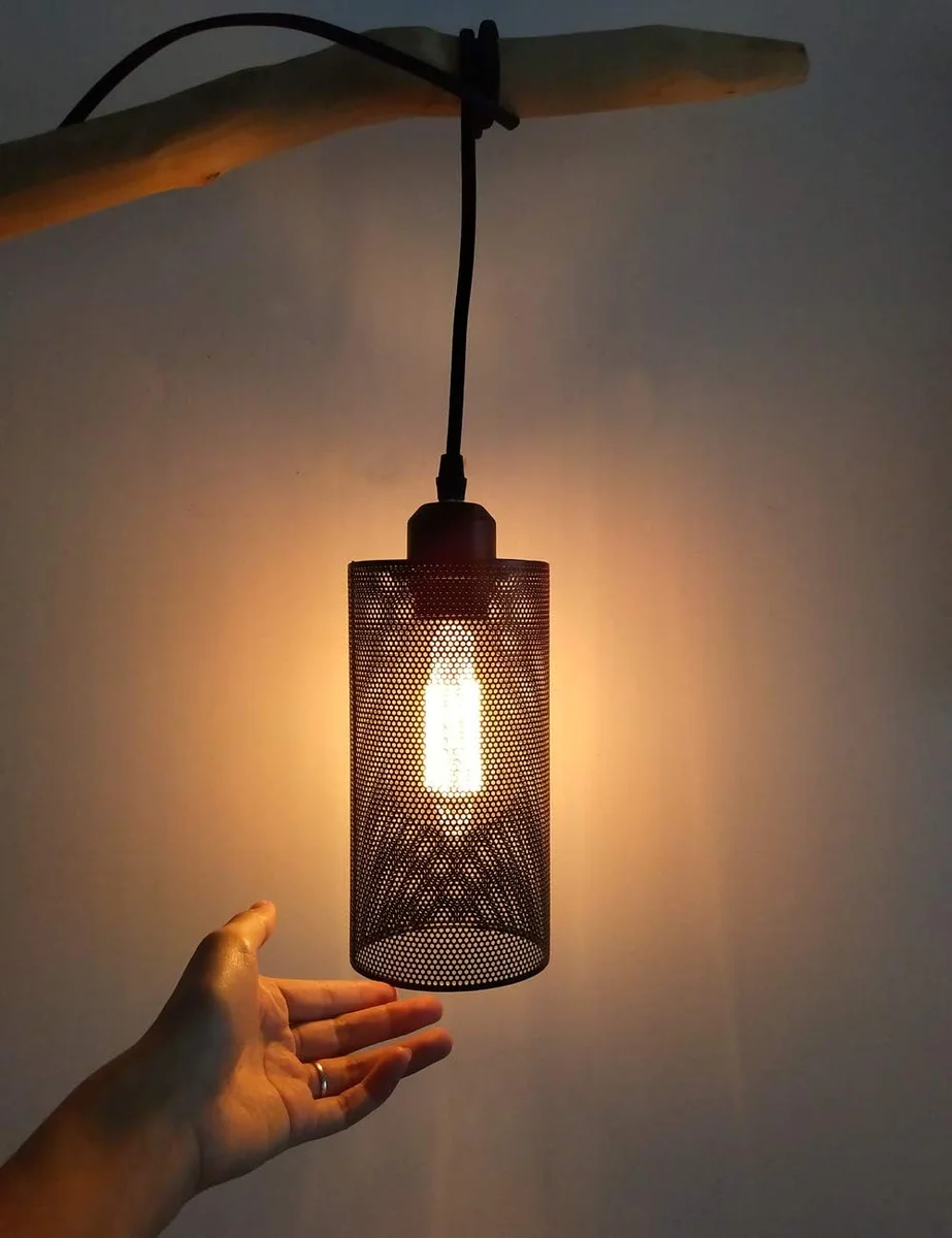 Modern industrial drum metal wire cage easy fit ceiling shade in brushed brass, shown installed on ceiling light socket