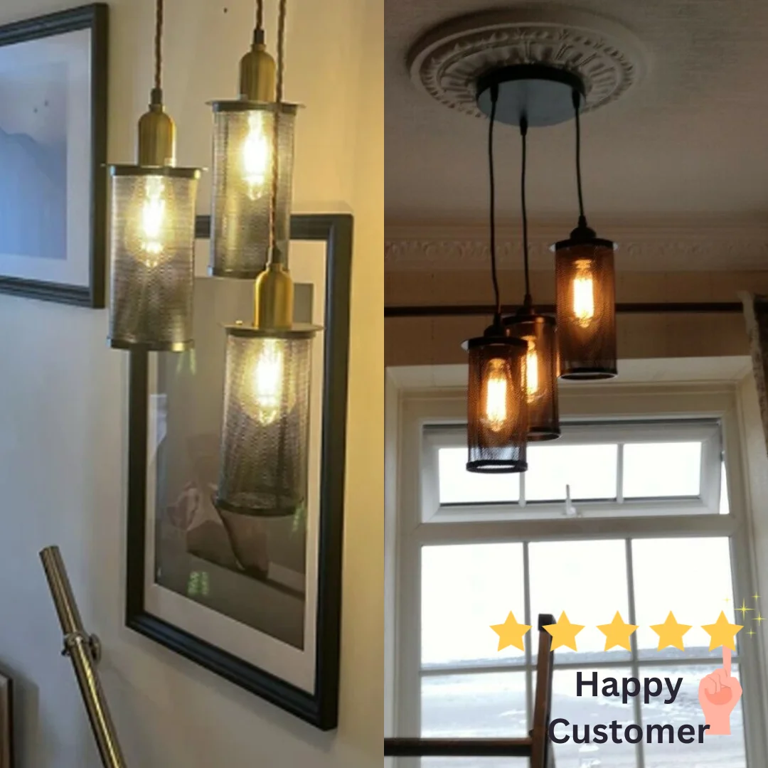 Brushed copper industrial ceiling lampshade with open metal wire drum design and easy fit ceiling attachment